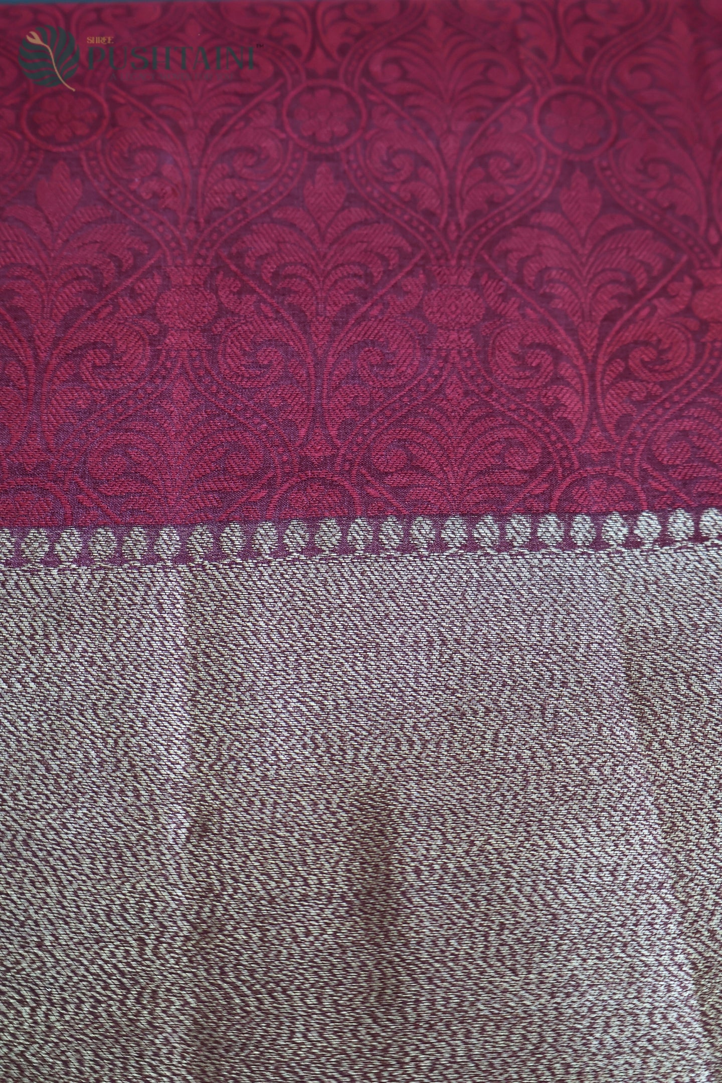 Maroon Pure Tussar Tanchoi Silk Saree with Golden Border