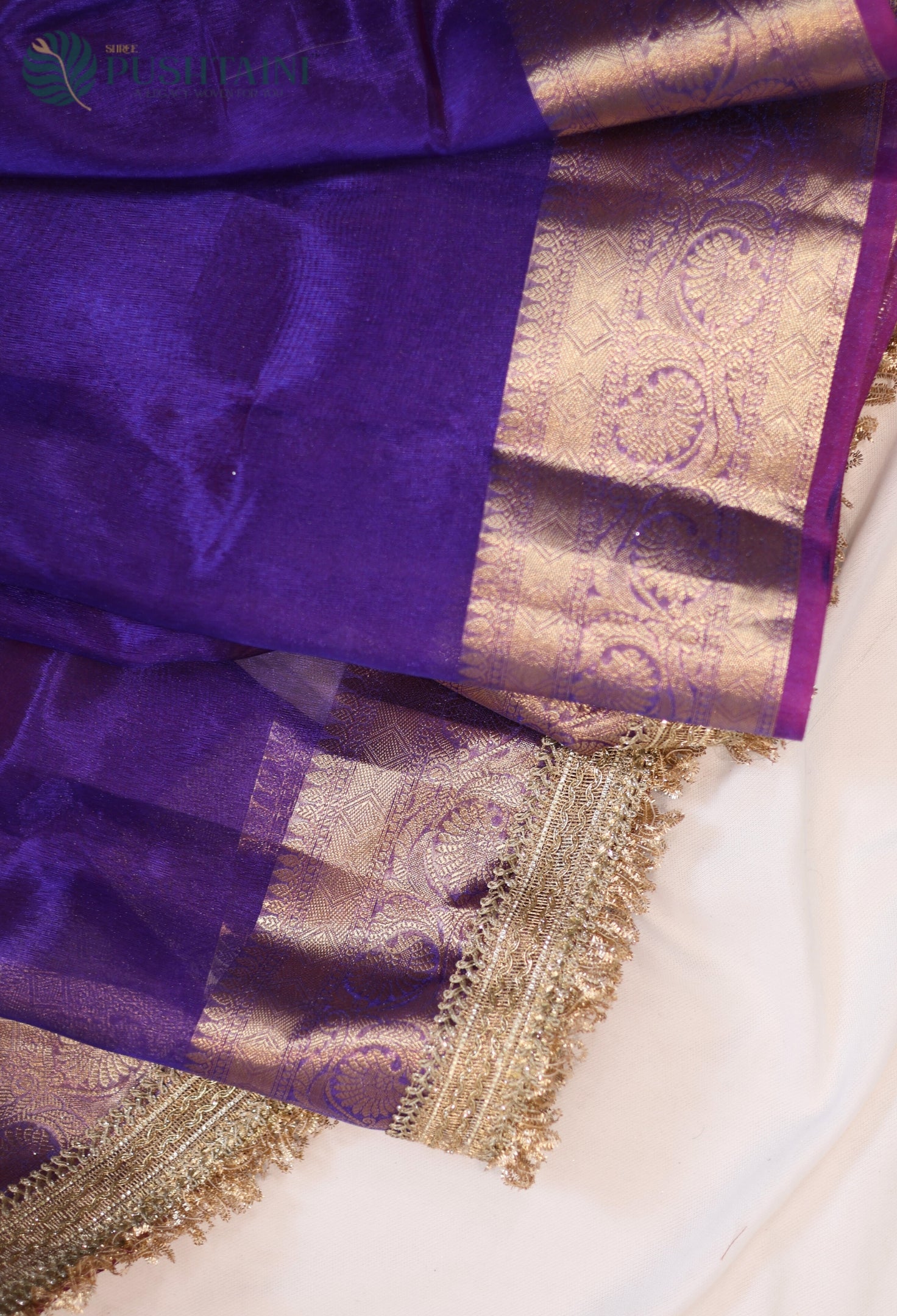 Dark Magenta Tissue Plain Silk Saree with Border Lace work
