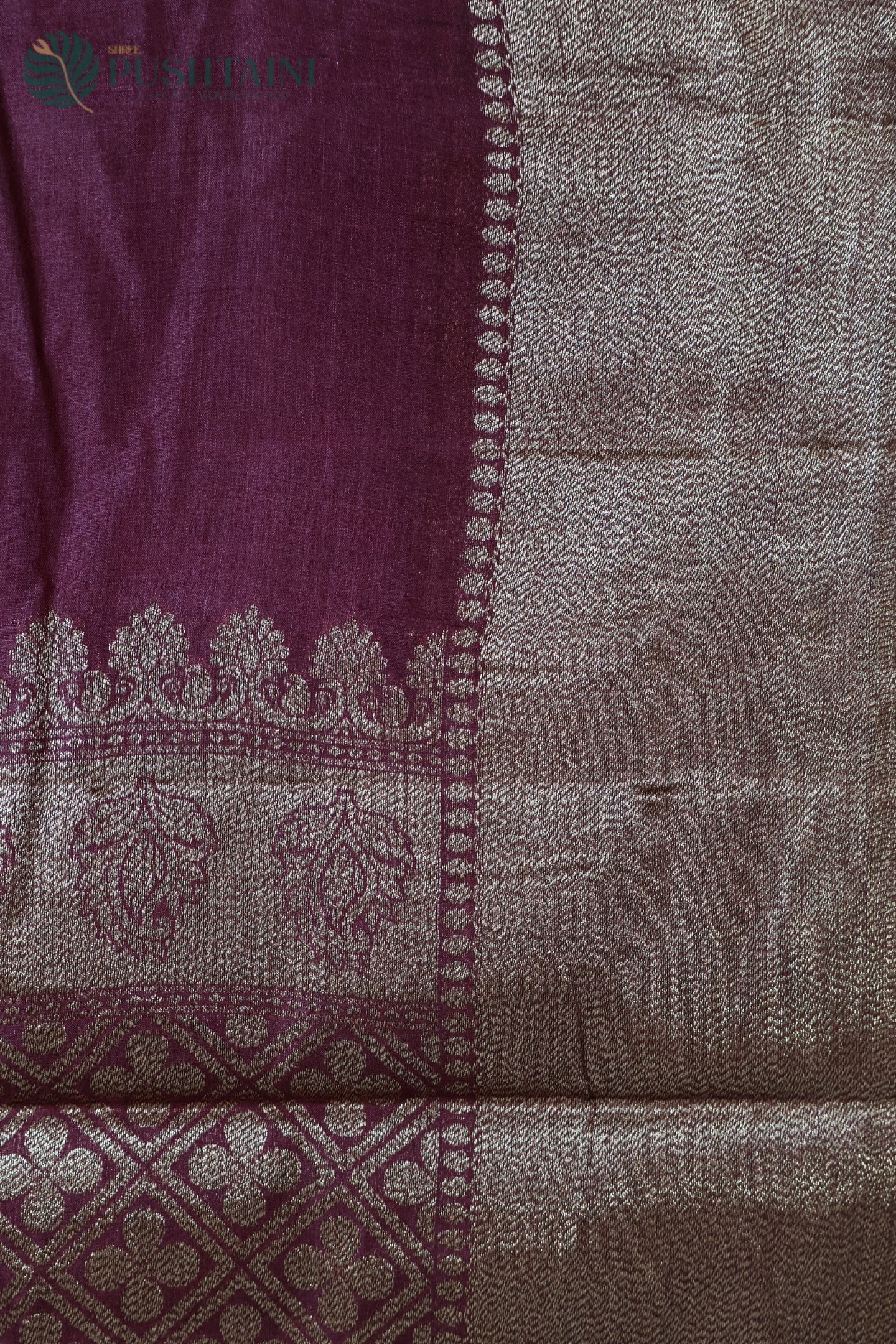 Maroon Pure Tussar Tanchoi Silk Saree with Golden Border