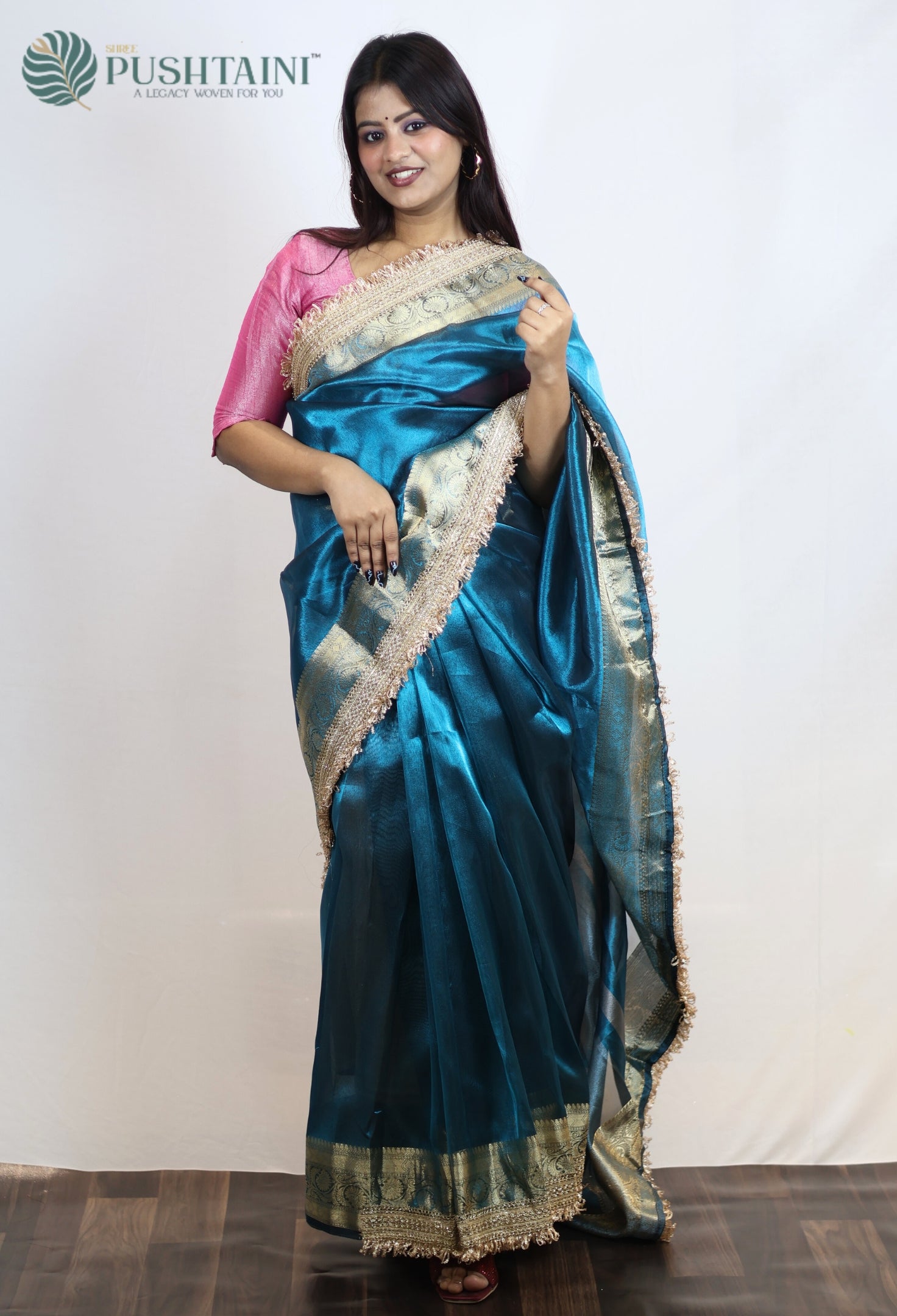 Teal Blue Tissue Plain Silk Saree with Border Lace work