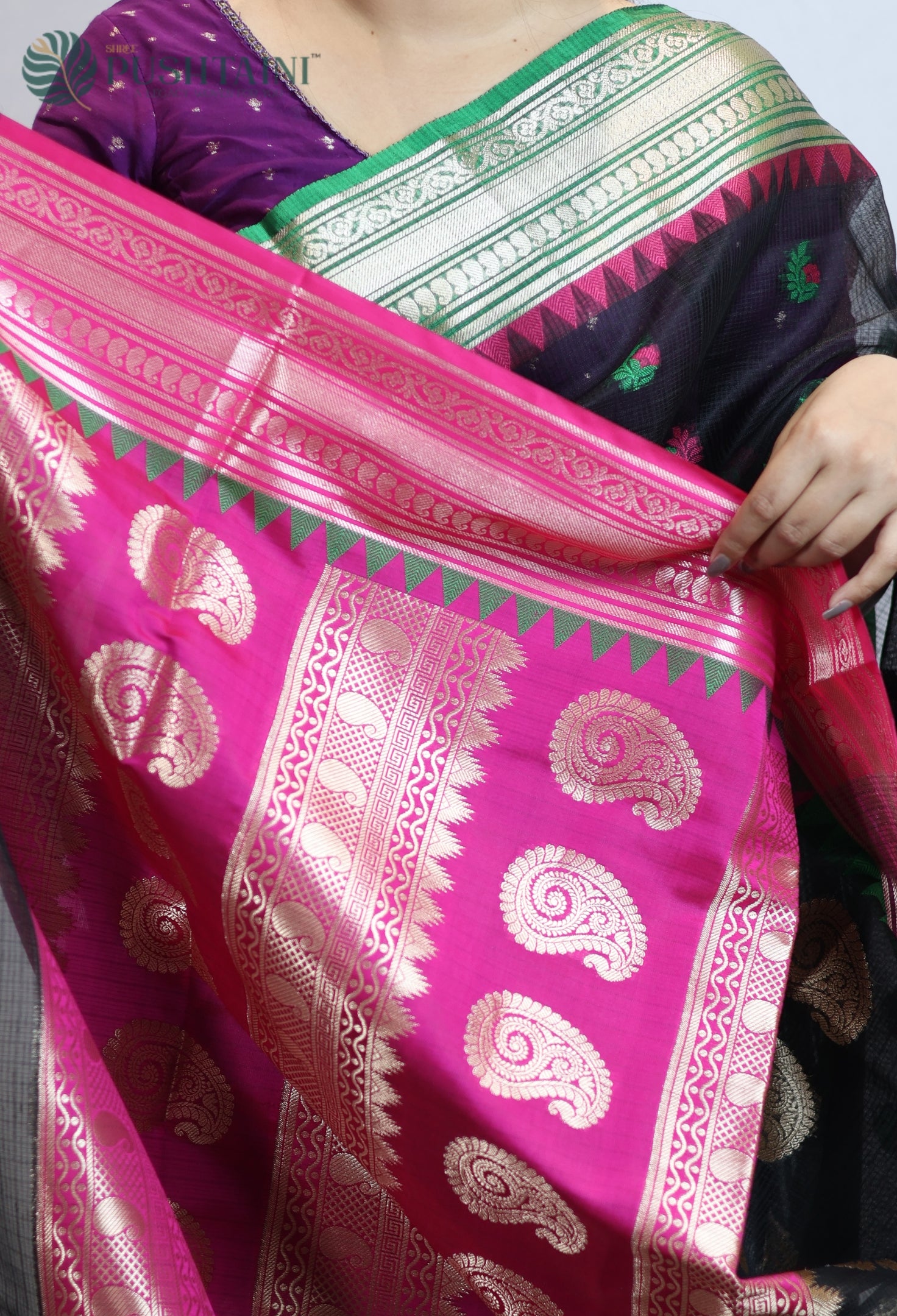 Black Kota Doria Saree with Anchal Border work