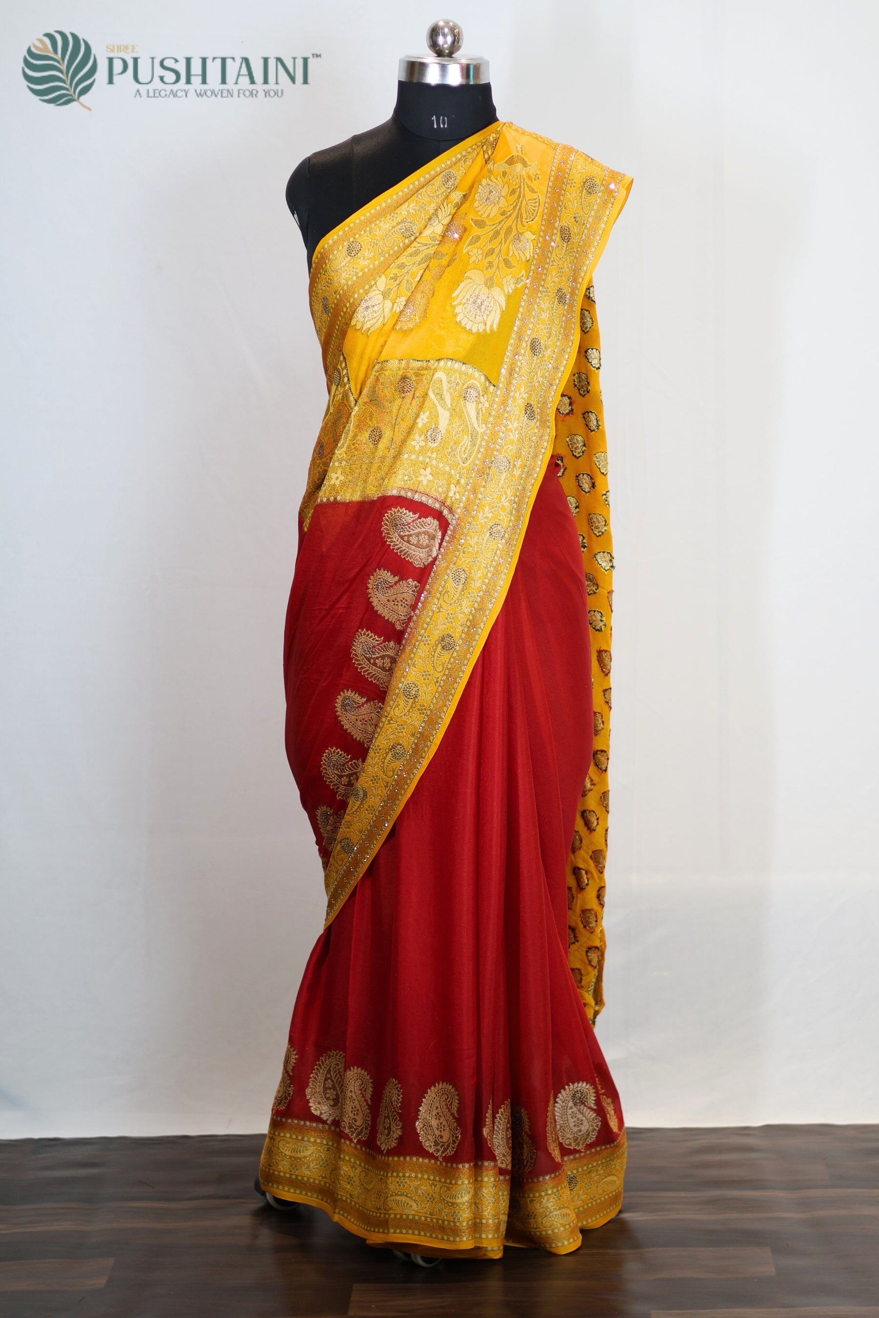 Red and Yellow Pure Chiffon Saree with Stone Work