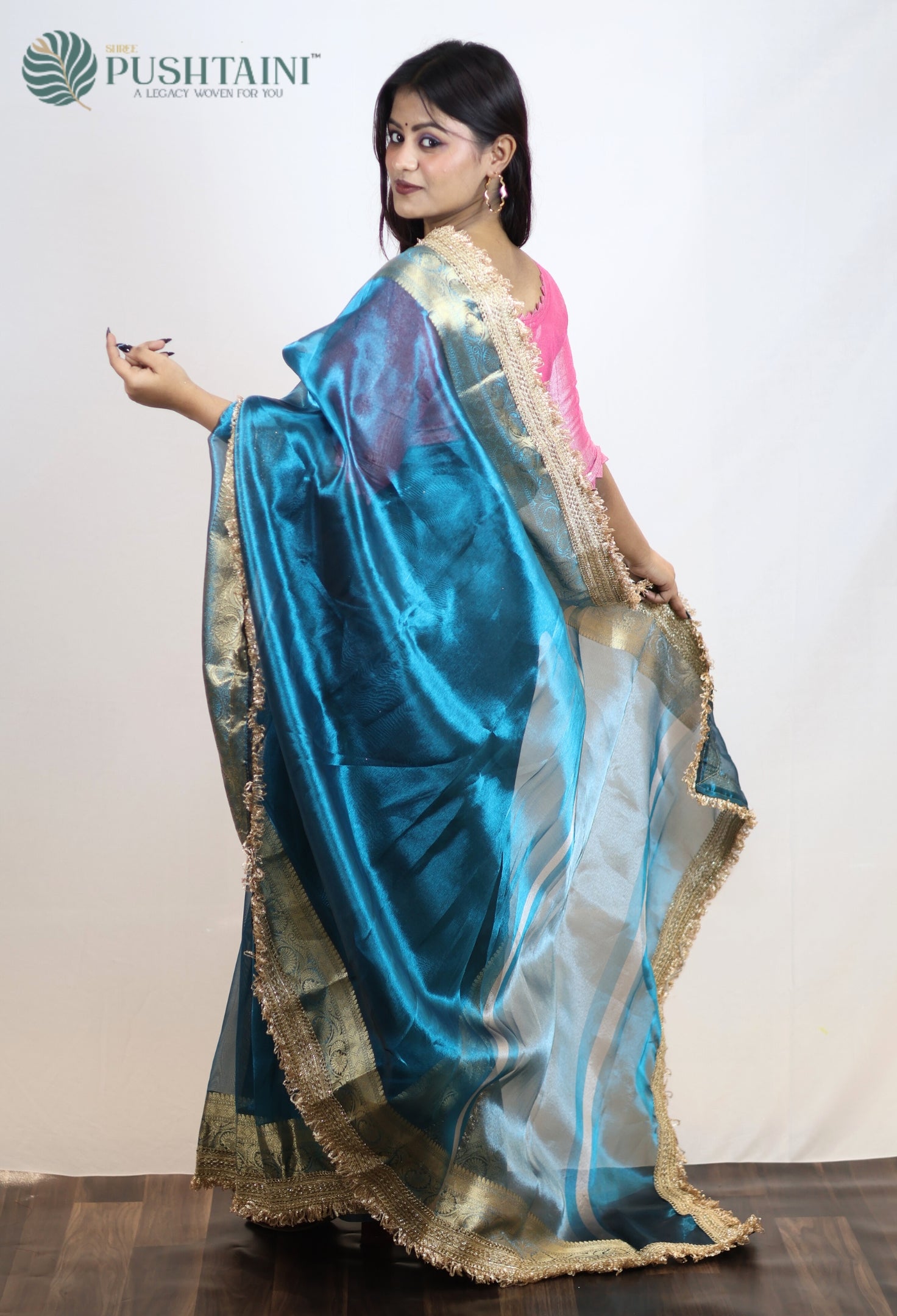 Teal Blue Tissue Plain Silk Saree with Border Lace work