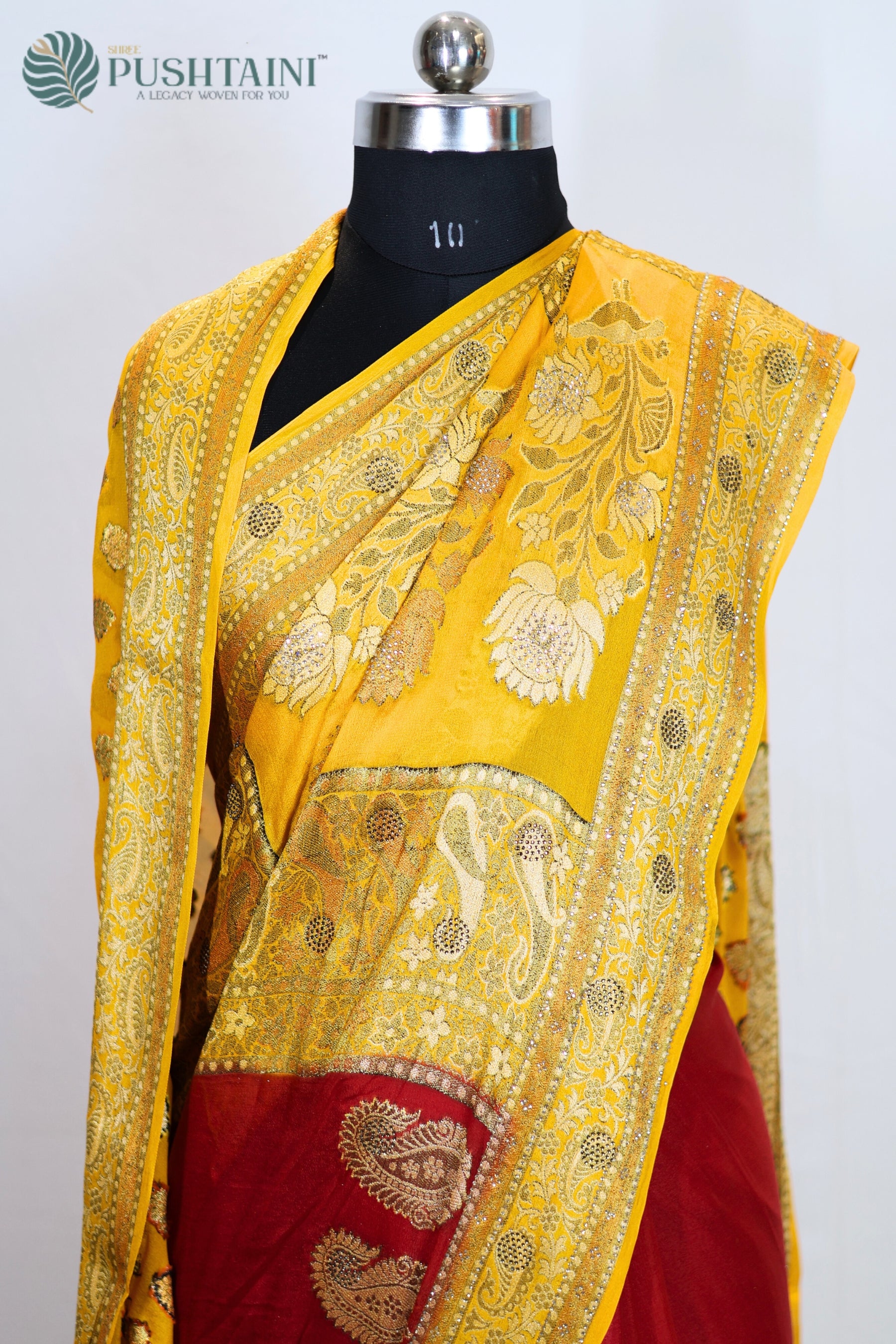 Red and Yellow Pure Chiffon Saree with Stone Work