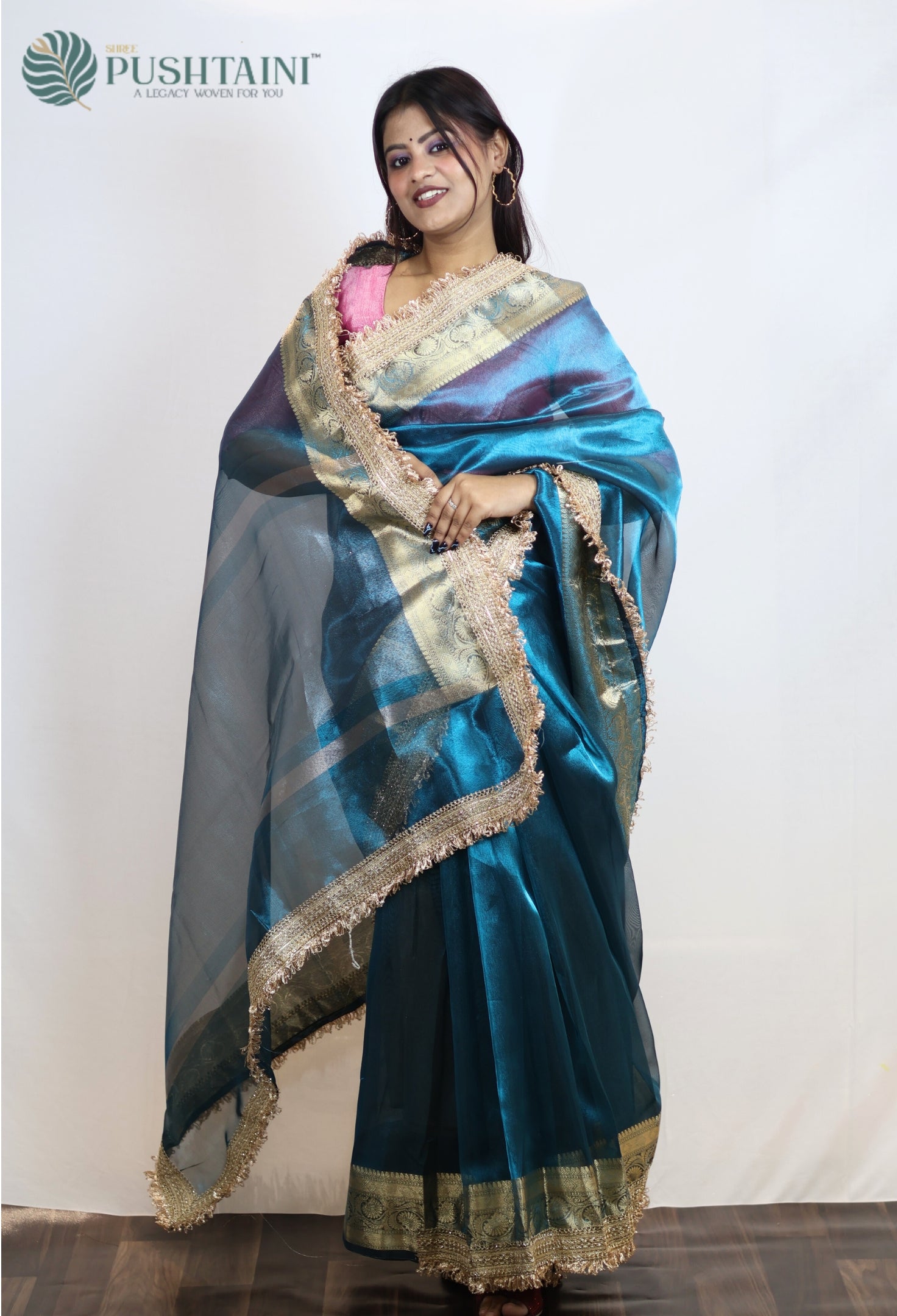 Teal Blue Tissue Plain Silk Saree with Border Lace work