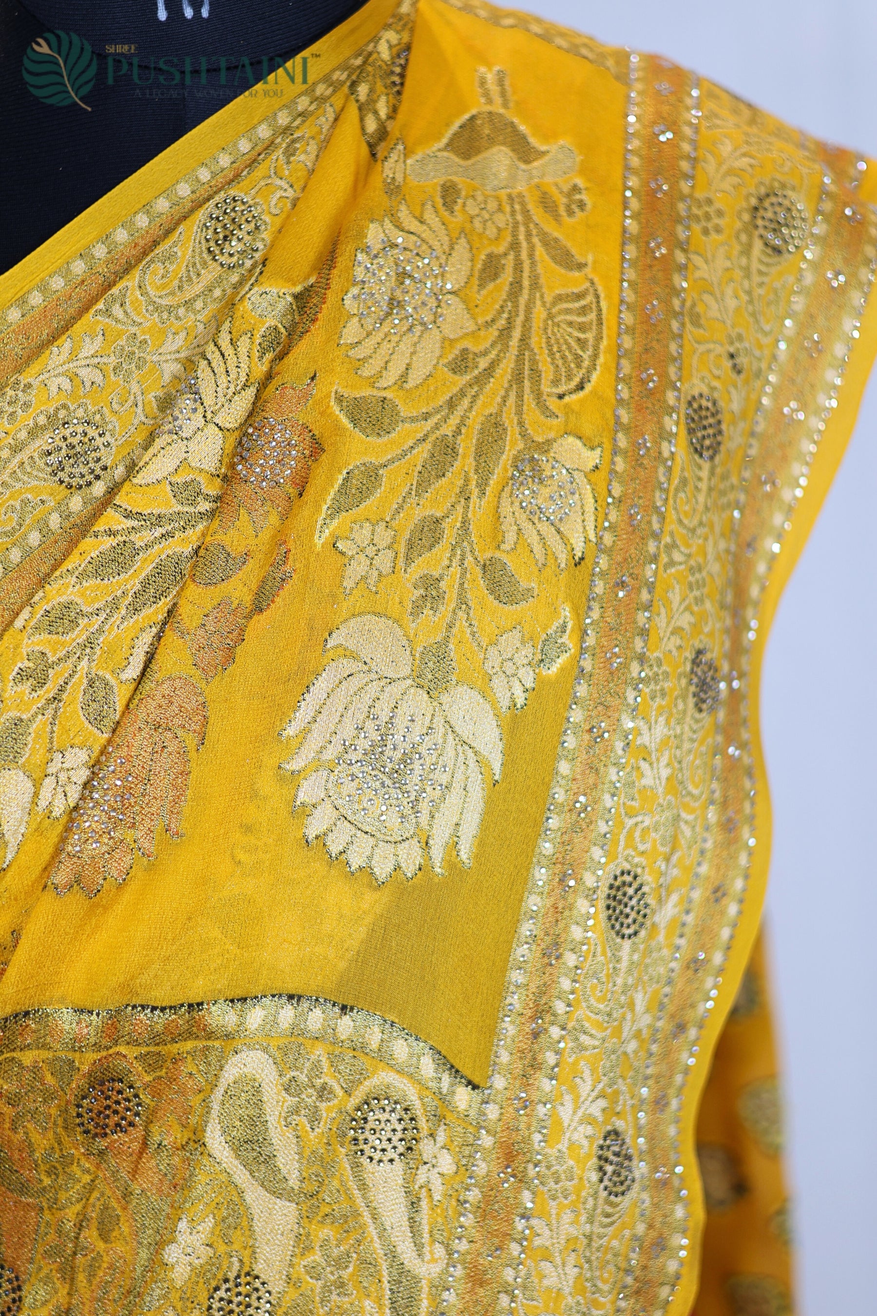 Red and Yellow Pure Chiffon Saree with Stone Work