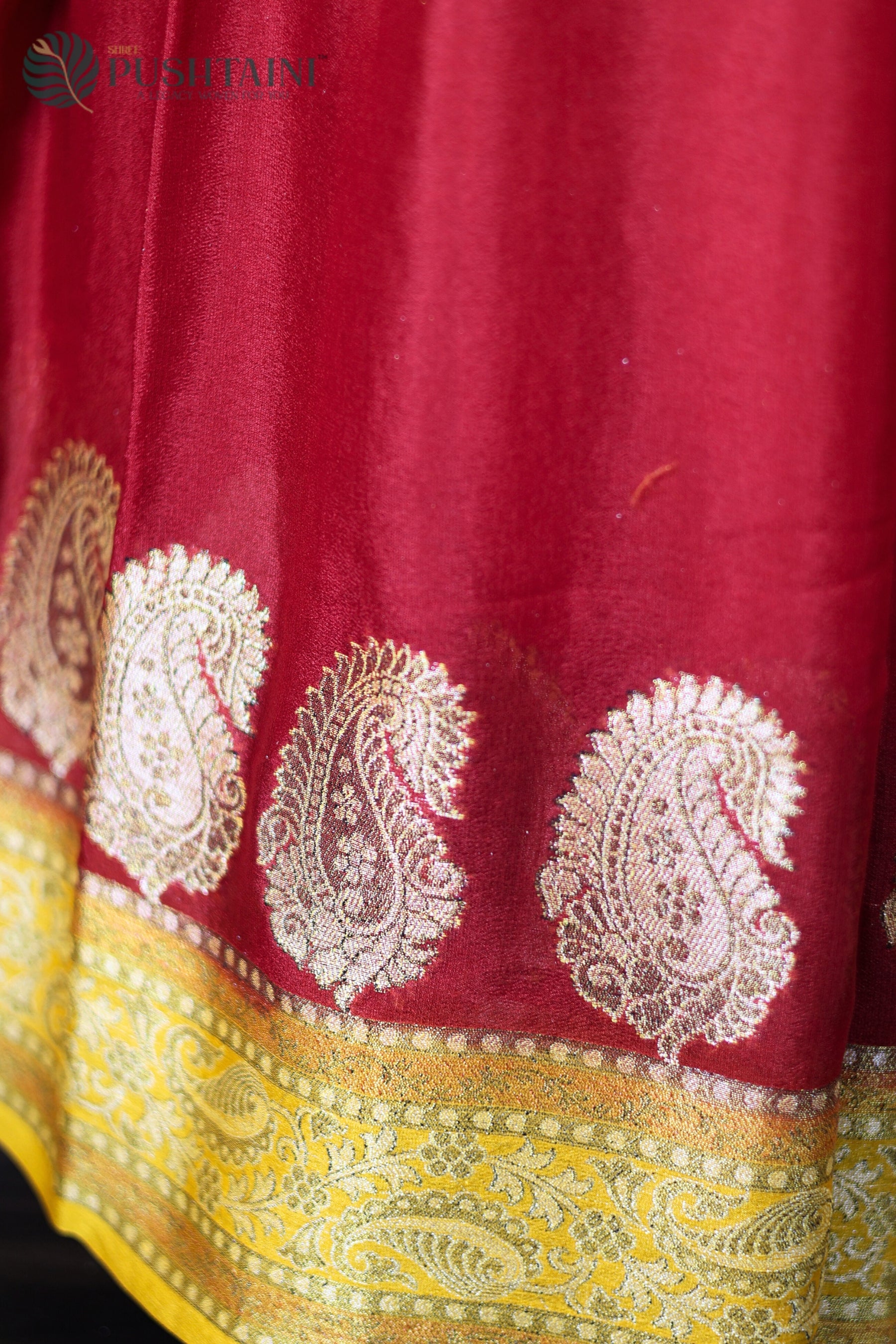 Red and Yellow Pure Chiffon Saree with Stone Work