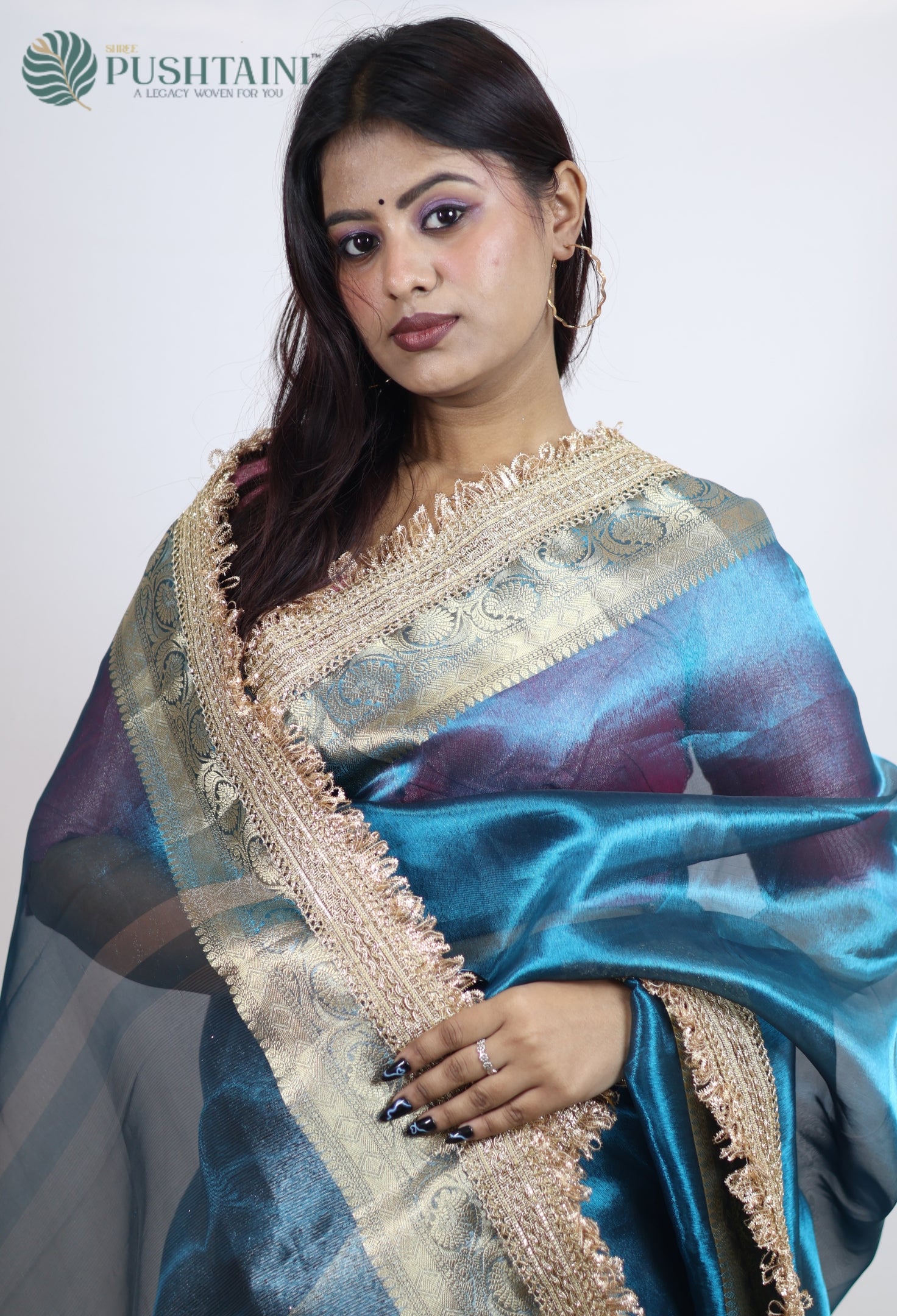 Teal Blue Tissue Plain Silk Saree with Border Lace work