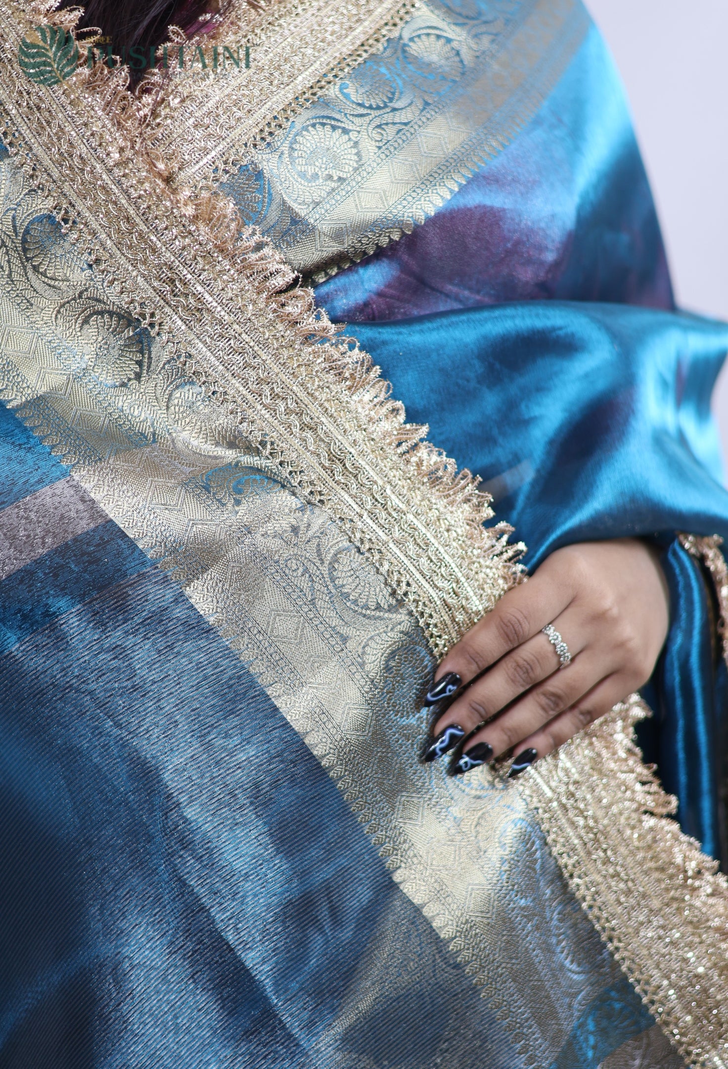 Teal Blue Tissue Plain Silk Saree with Border Lace work