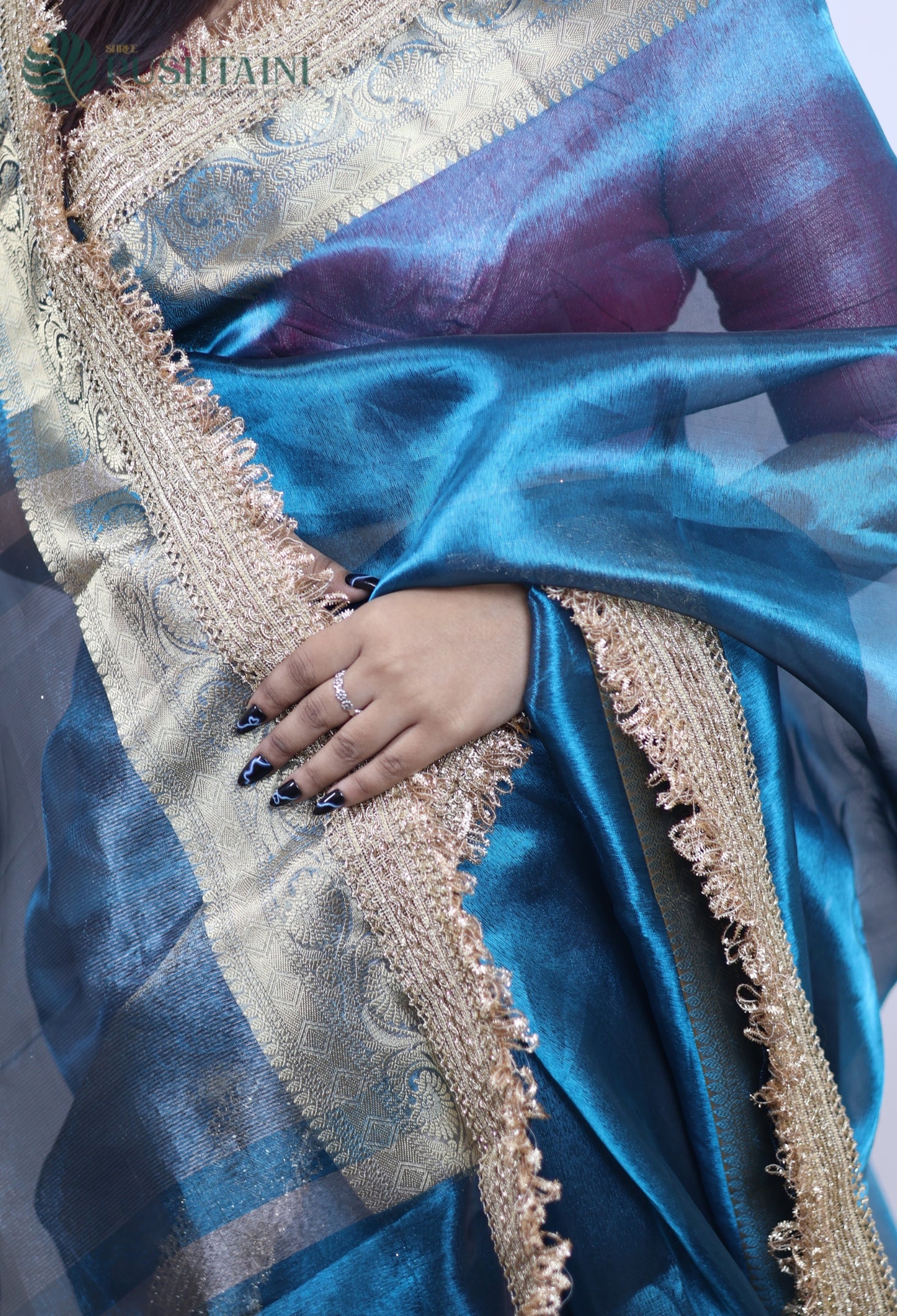 Teal Blue Tissue Plain Silk Saree with Border Lace work
