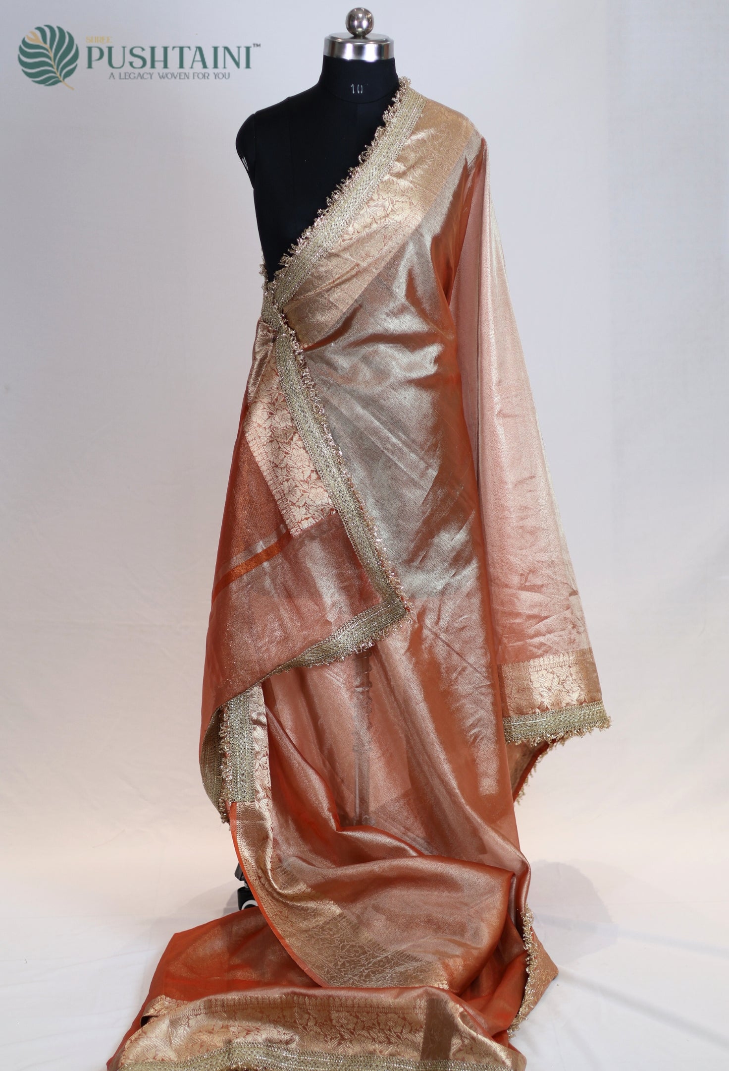 Light Peach Tissue Plain Silk Saree with Border Lace work