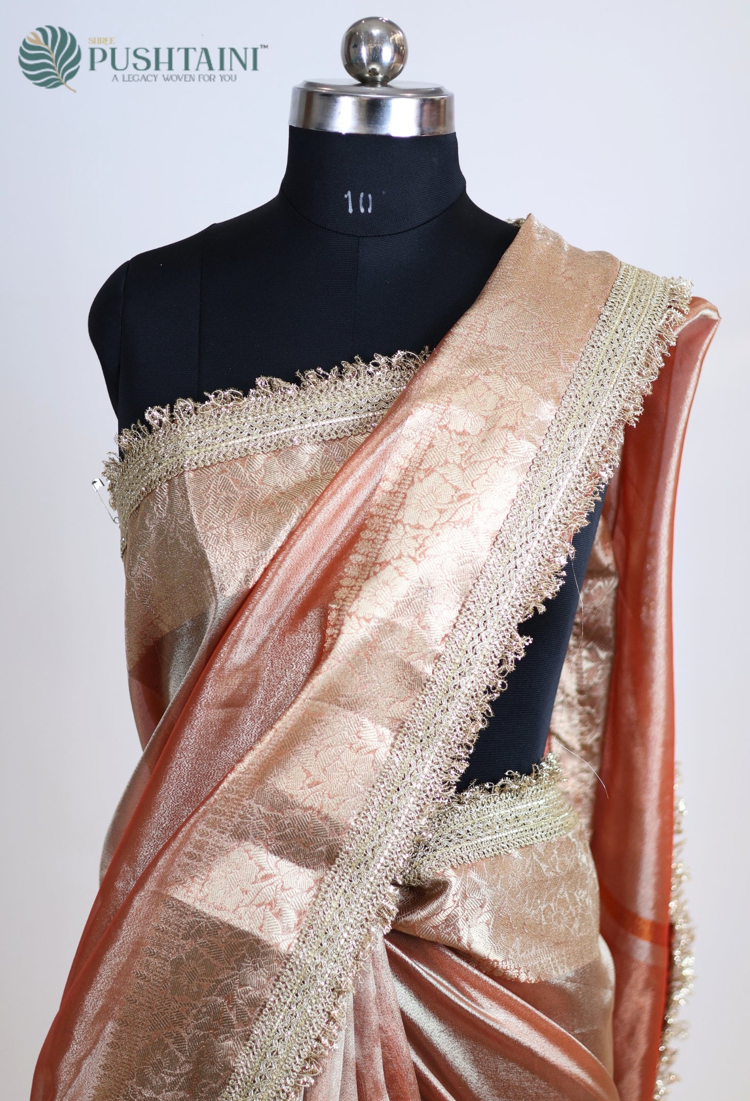 Light Peach Tissue Plain Silk Saree with Border Lace work