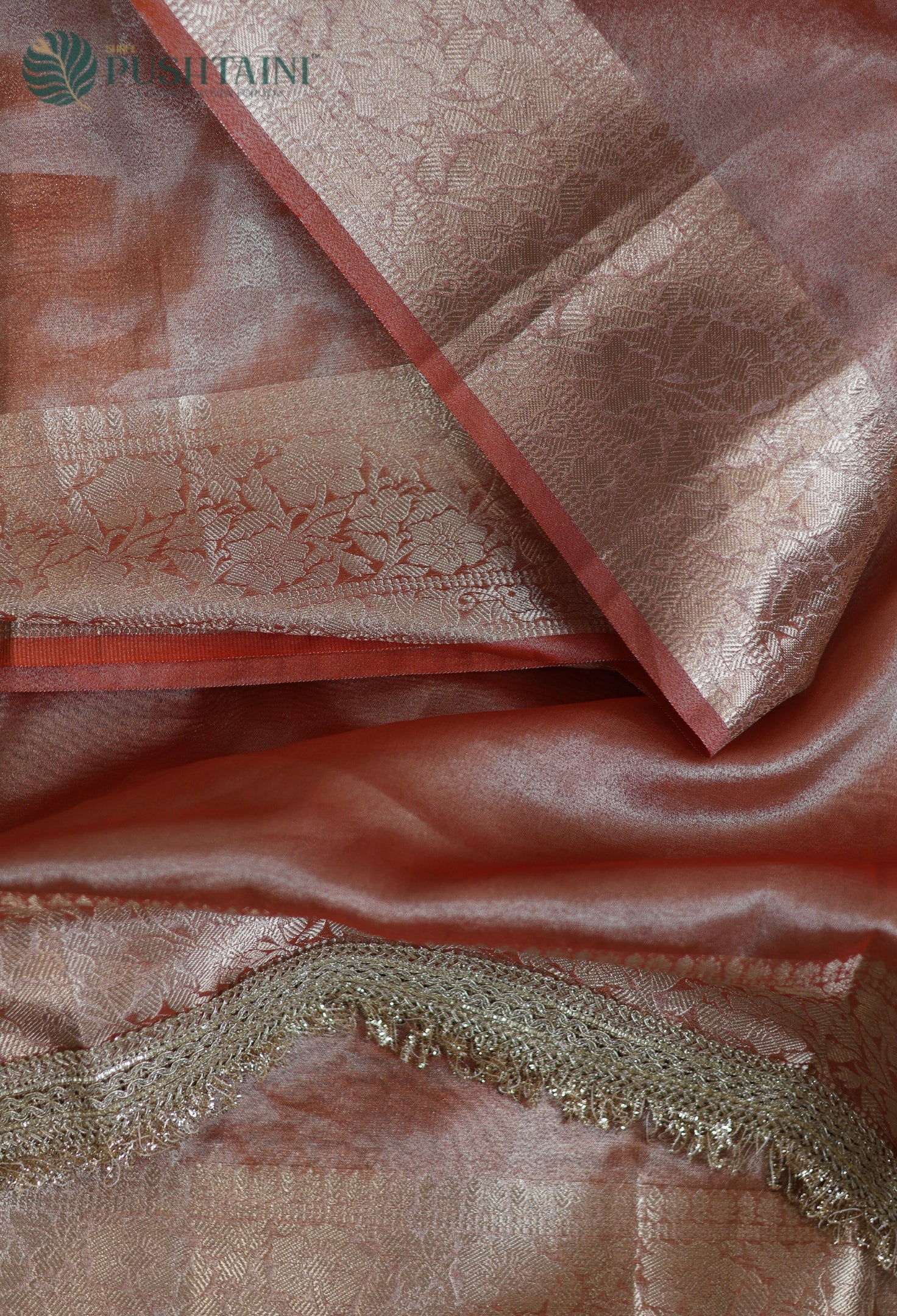 Light Peach Tissue Plain Silk Saree with Border Lace work