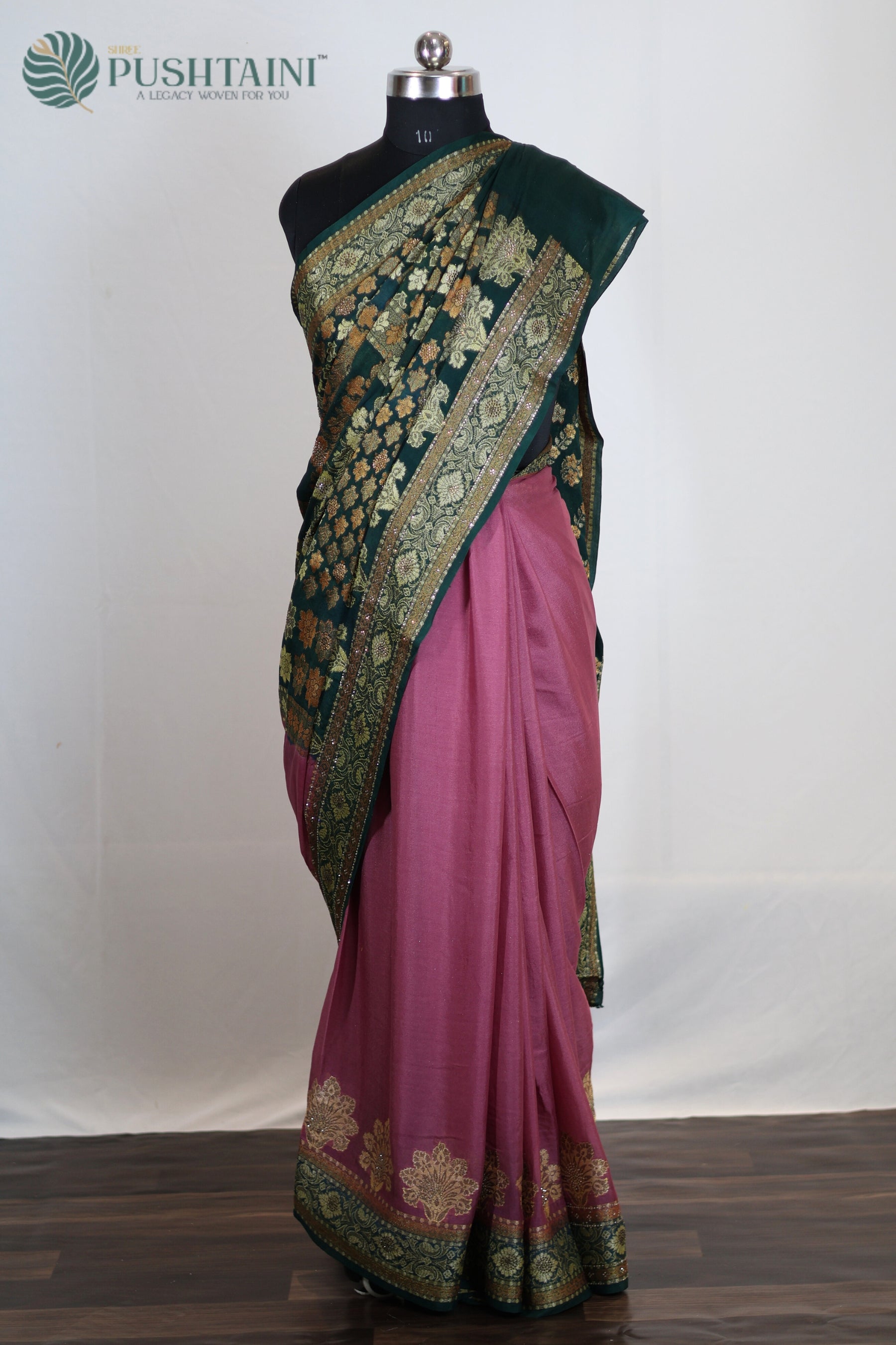 Pink and Bottle Green Pure Chiffon Saree with Stone Work