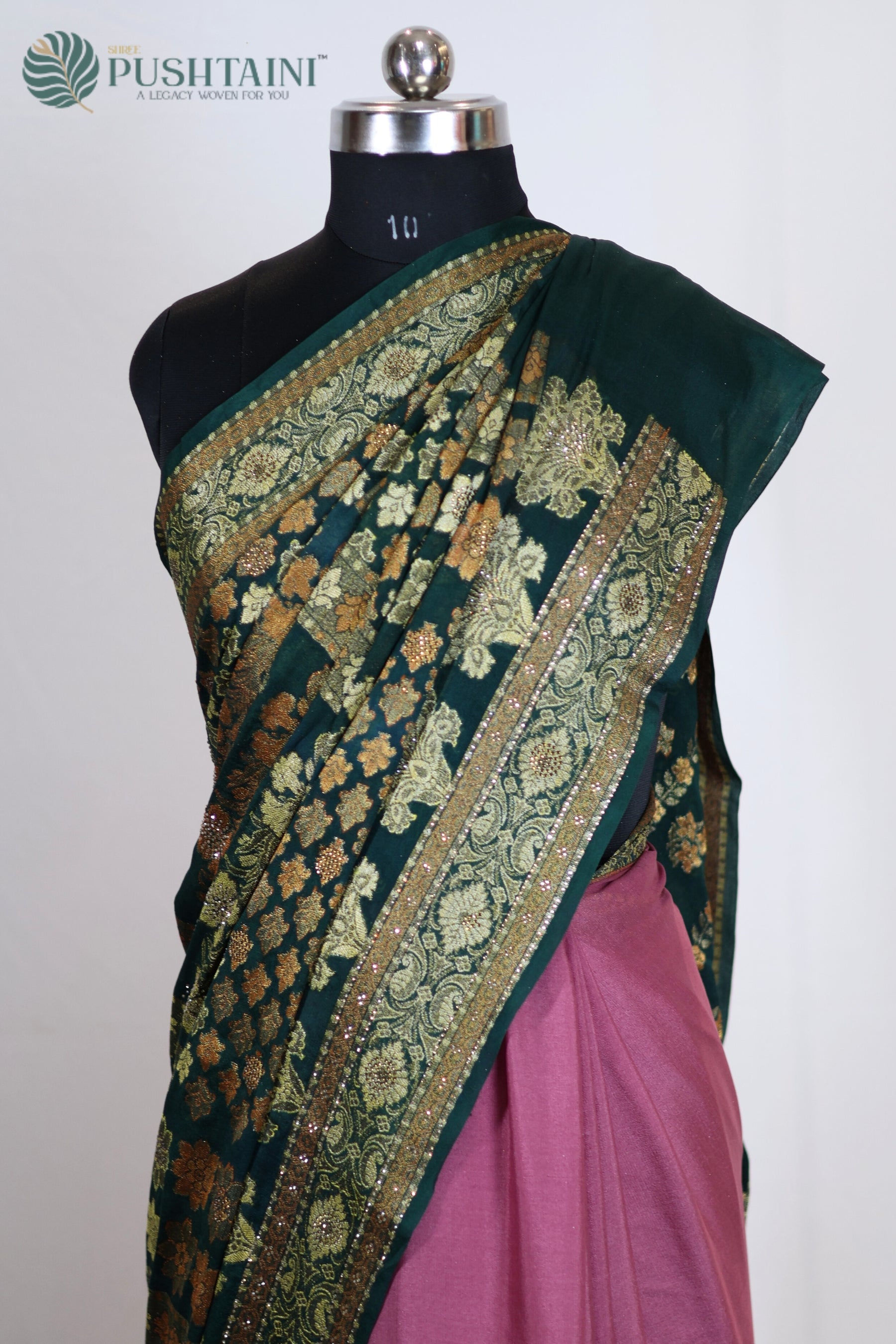 Pink and Bottle Green Pure Chiffon Saree with Stone Work