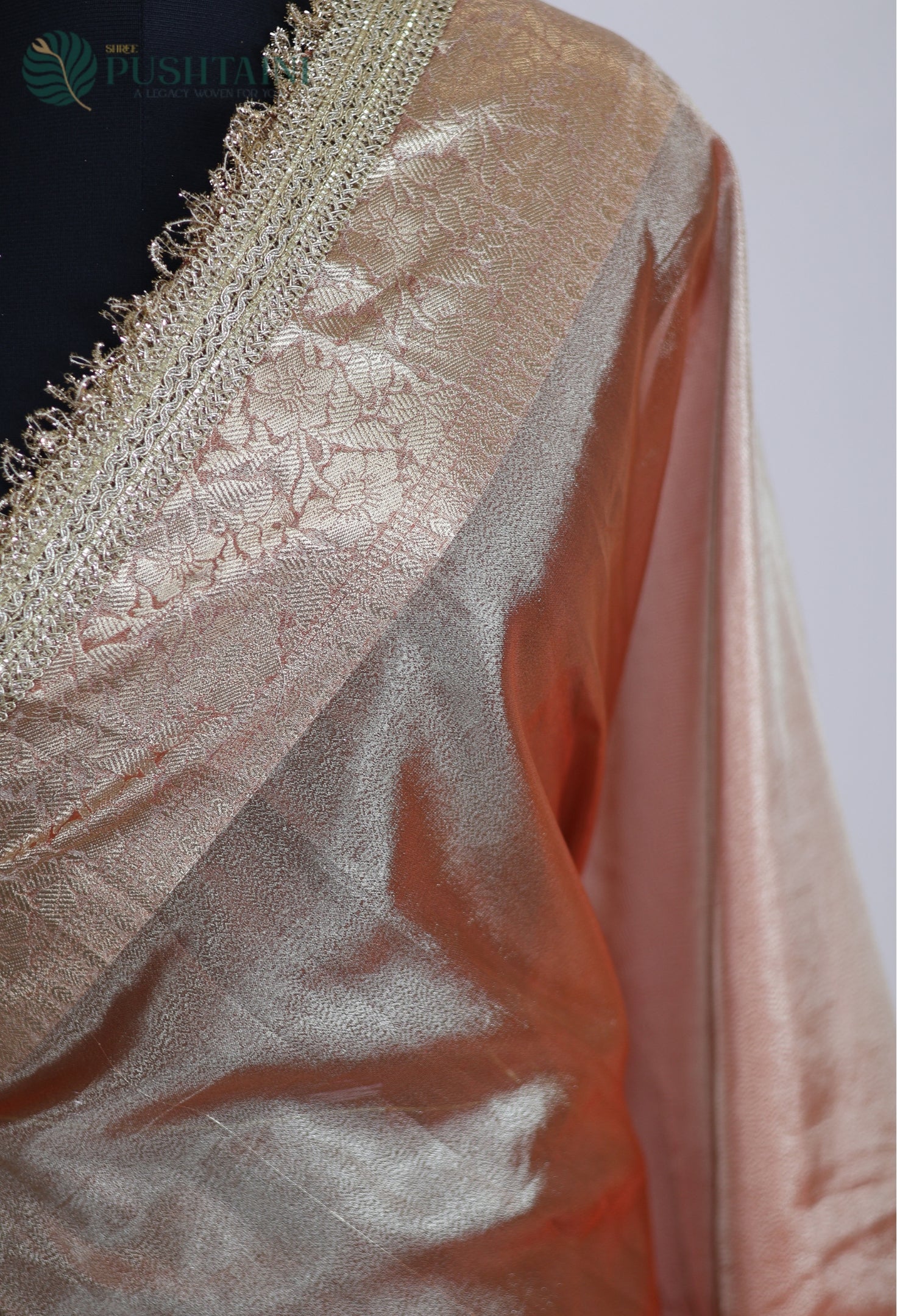 Light Peach Tissue Plain Silk Saree with Border Lace work