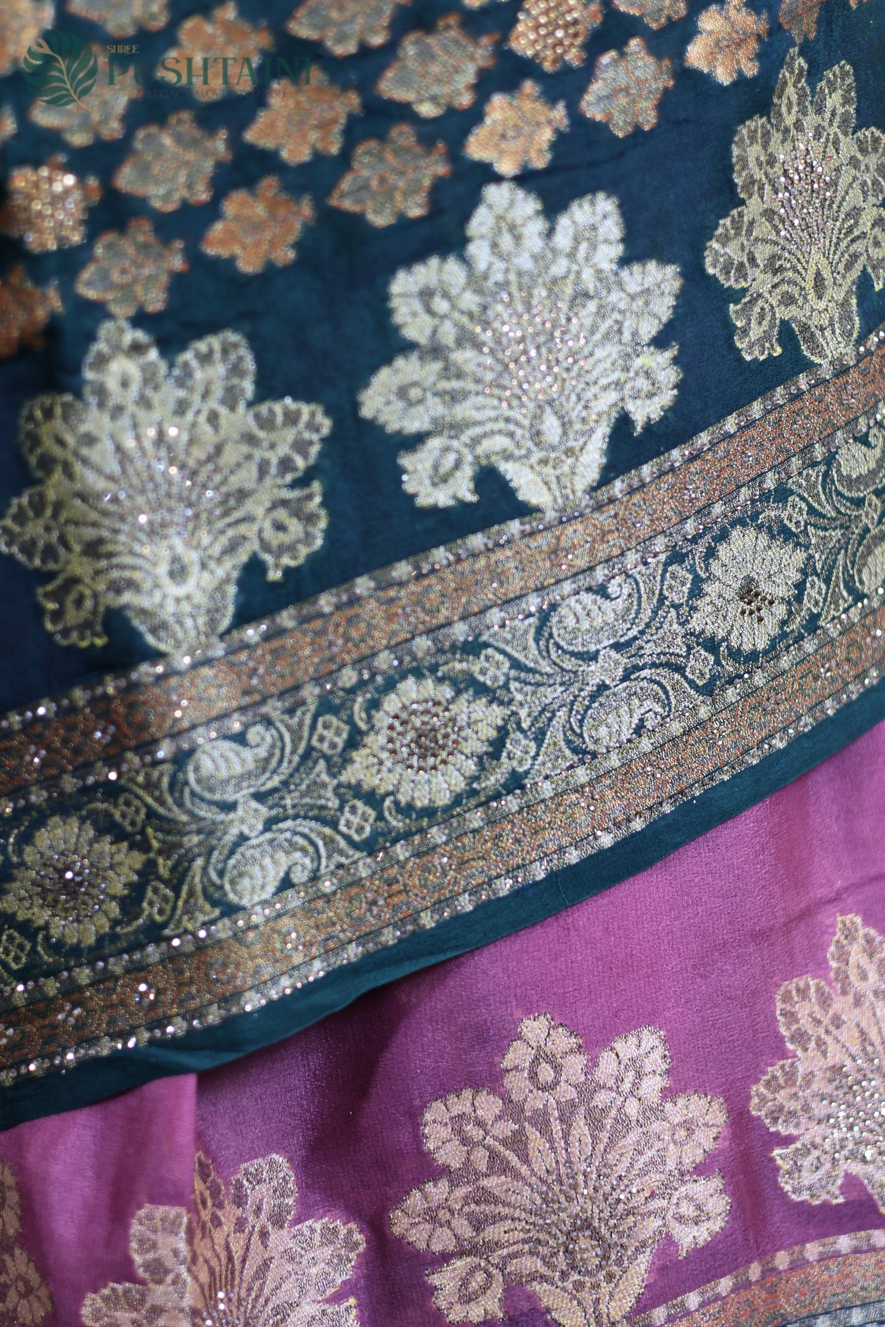 Pink and Bottle Green Pure Chiffon Saree with Stone Work