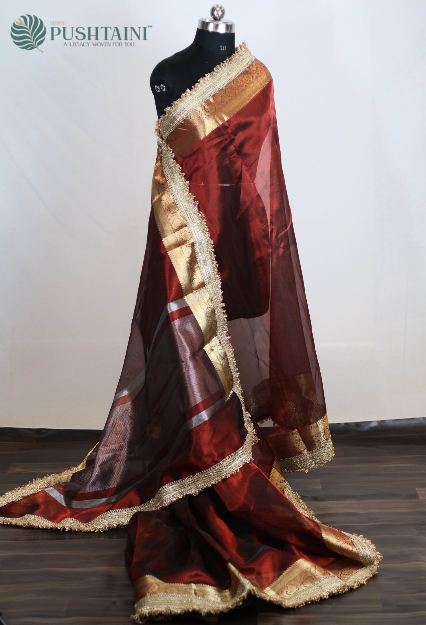 Maroon Red Tissue Plain Silk Saree with Border Lace work