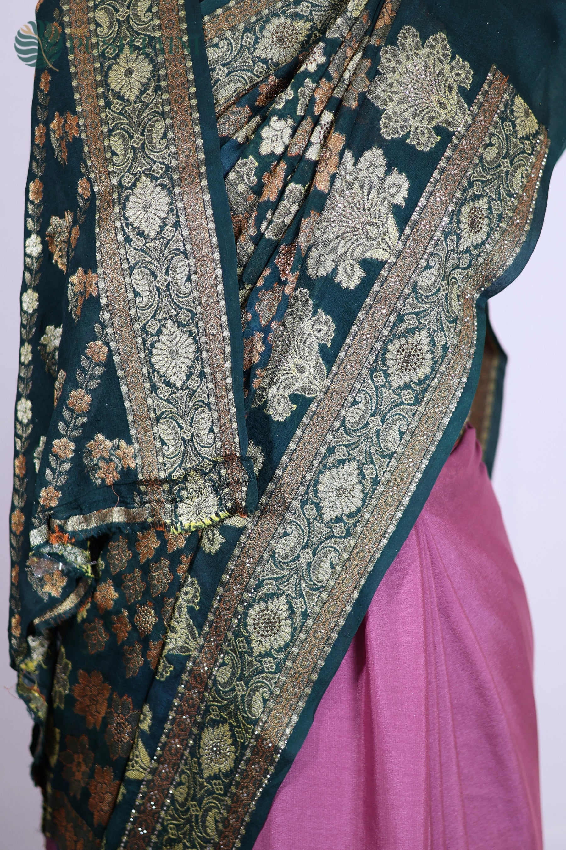 Pink and Bottle Green Pure Chiffon Saree with Stone Work