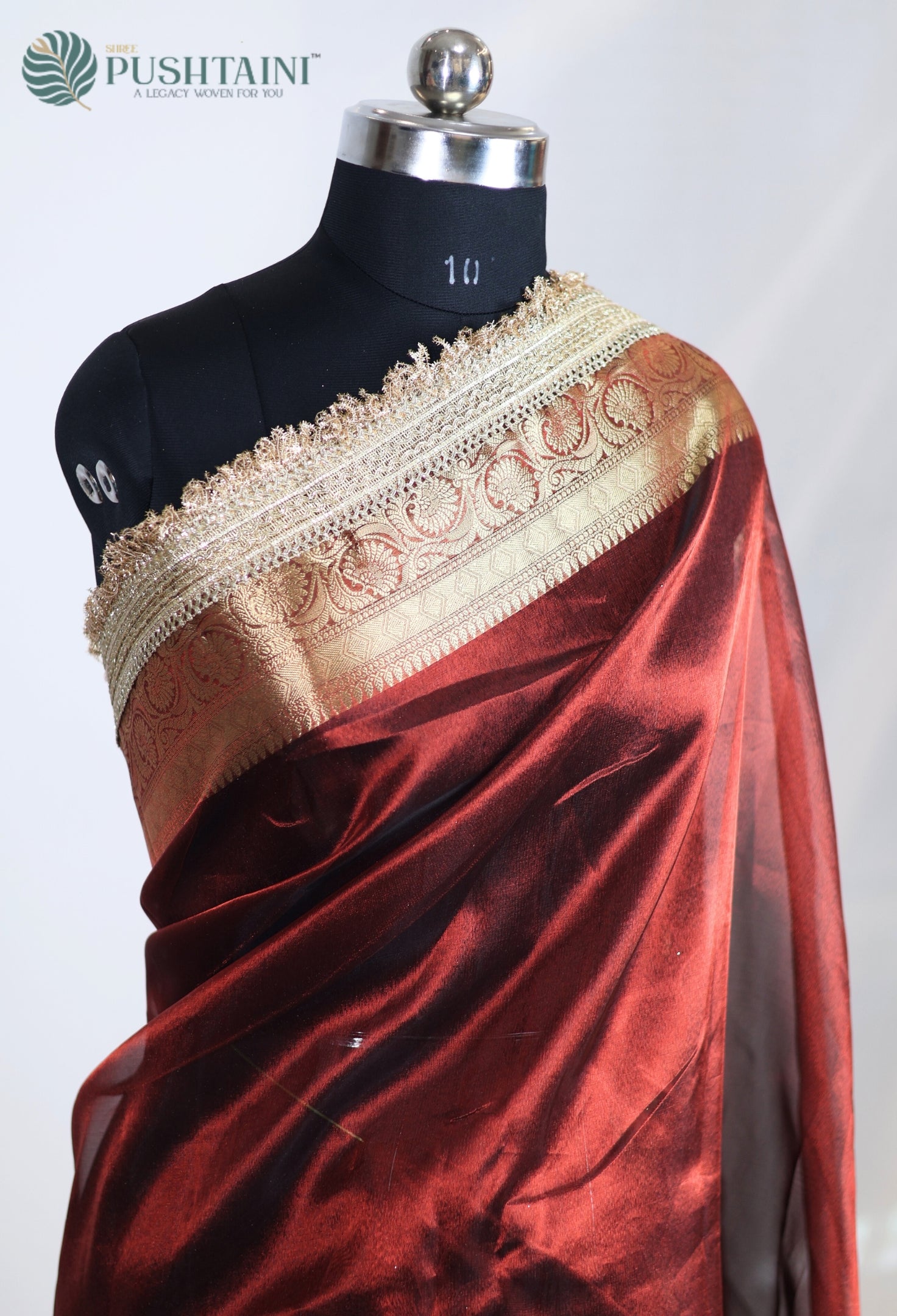 Maroon Red Tissue Plain Silk Saree with Border Lace work
