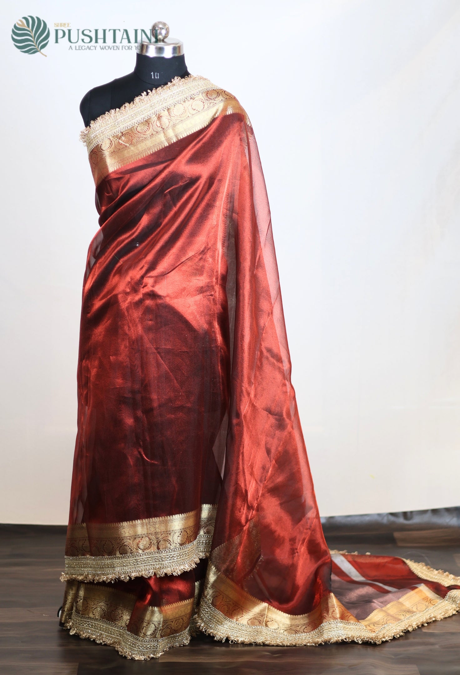 Maroon Red Tissue Plain Silk Saree with Border Lace work