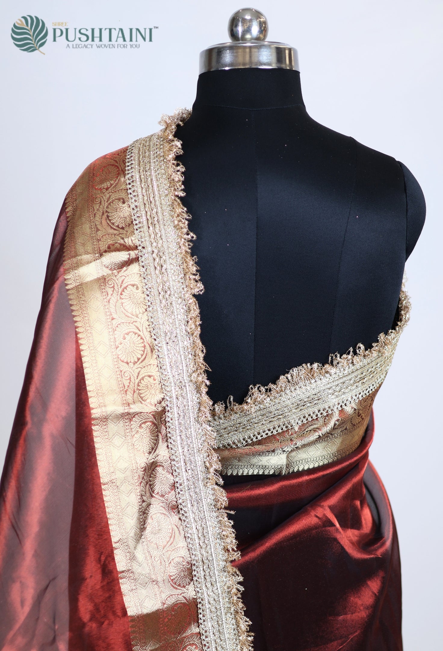 Maroon Red Tissue Plain Silk Saree with Border Lace work
