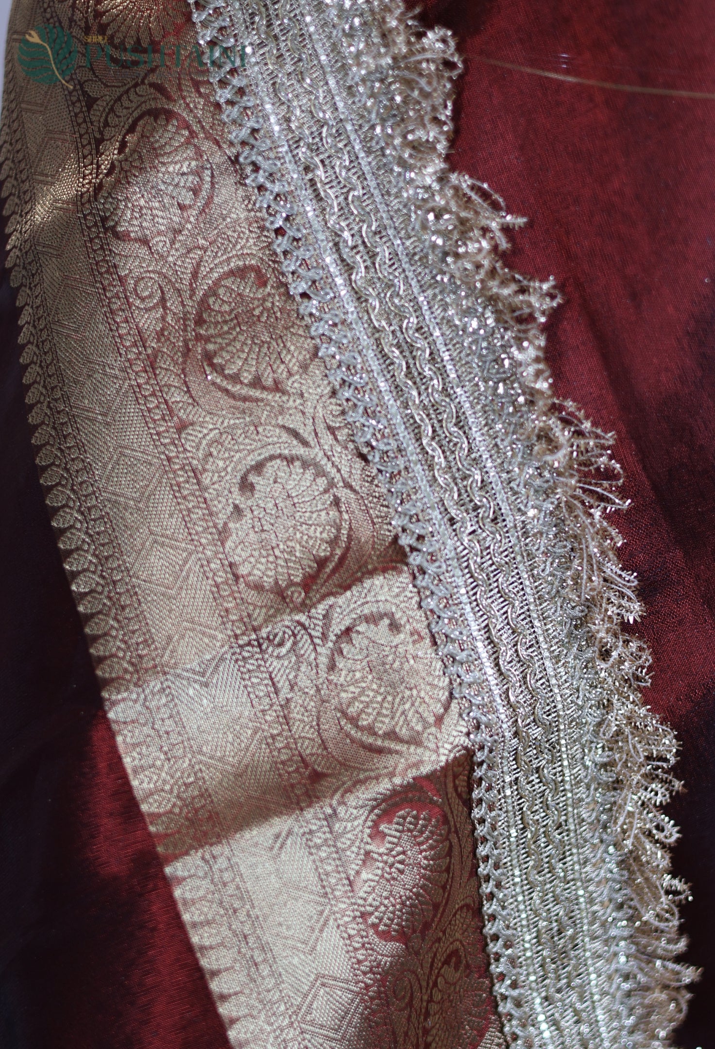 Maroon Red Tissue Plain Silk Saree with Border Lace work