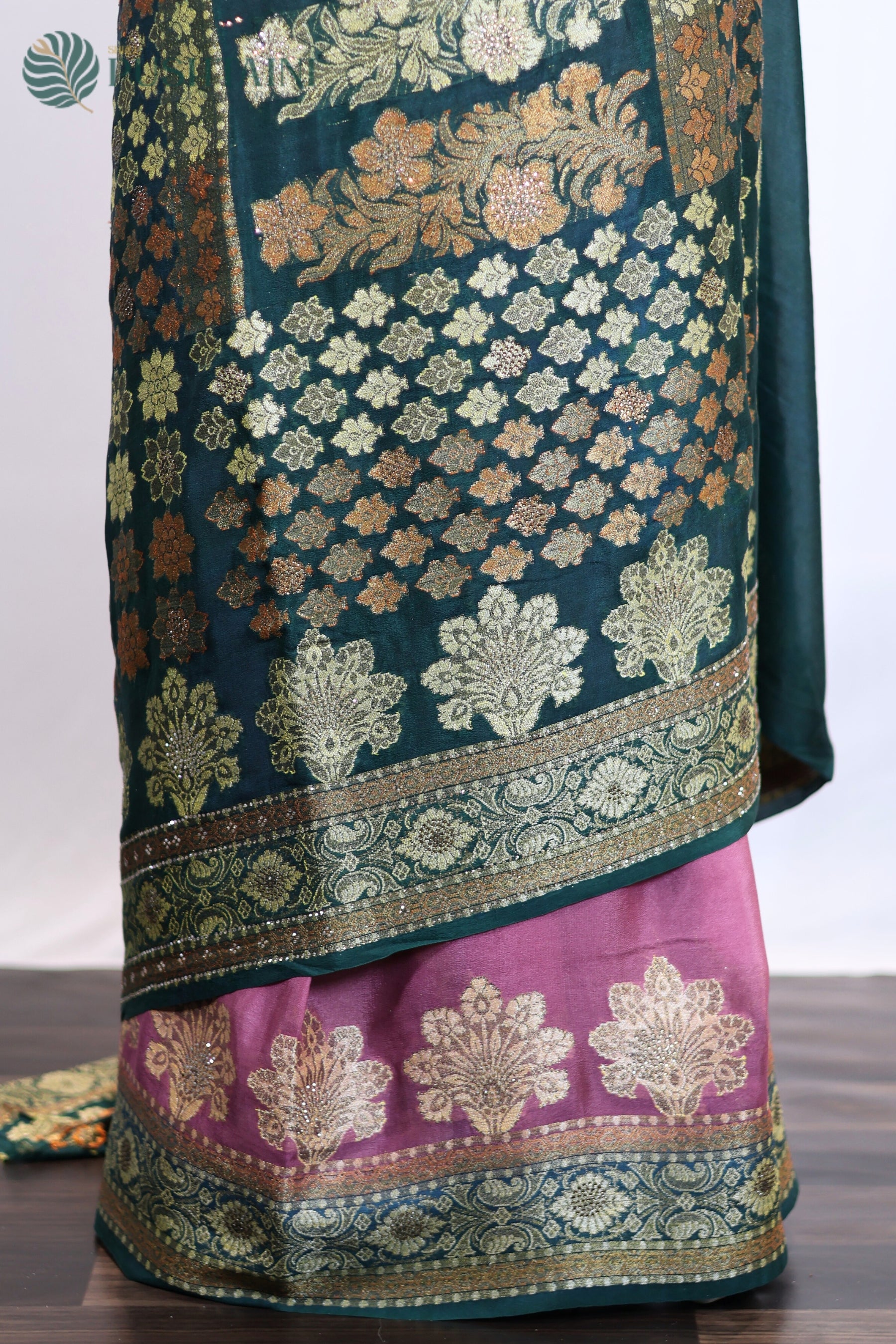 Pink and Bottle Green Pure Chiffon Saree with Stone Work