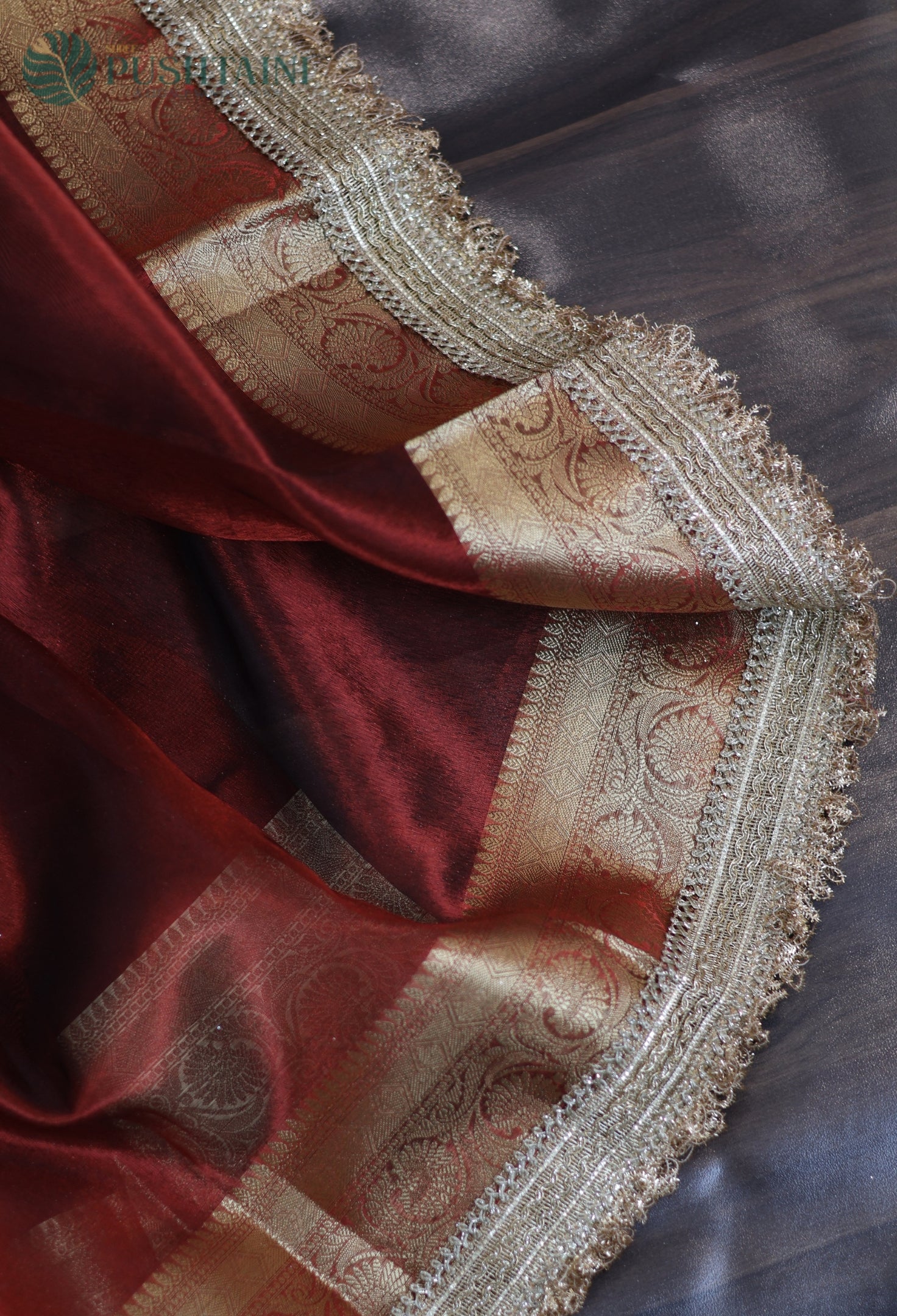 Maroon Red Tissue Plain Silk Saree with Border Lace work