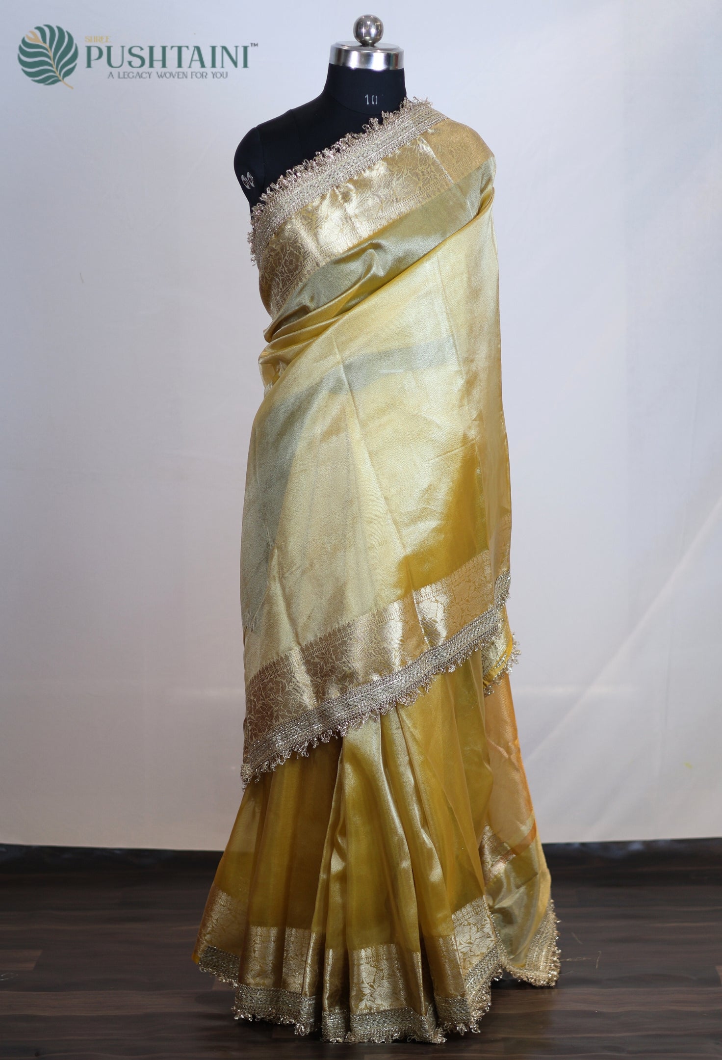 Yellow Gold Tissue Plain Silk Saree with Border Lace work