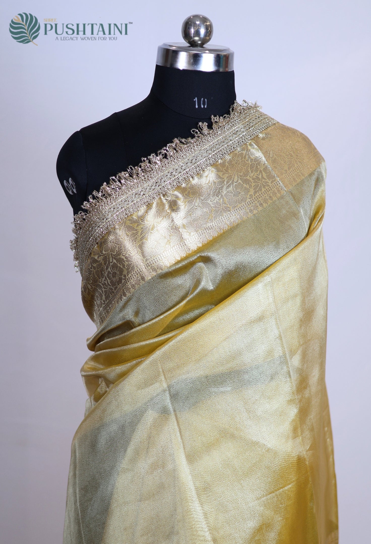 Yellow Gold Tissue Plain Silk Saree with Border Lace work