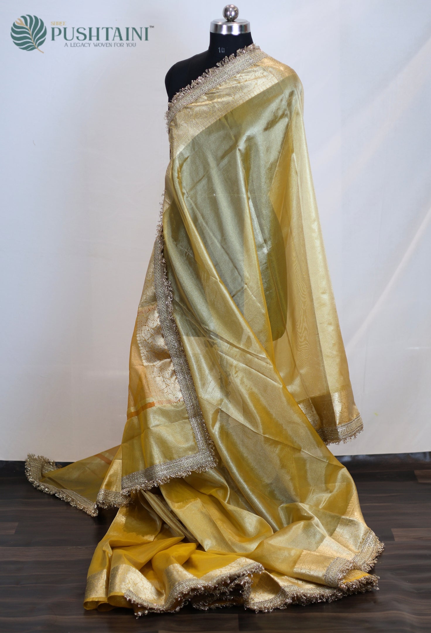 Yellow Gold Tissue Plain Silk Saree with Border Lace work