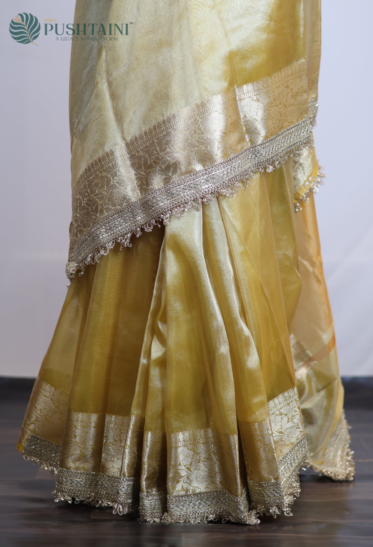 Yellow Gold Tissue Plain Silk Saree with Border Lace work