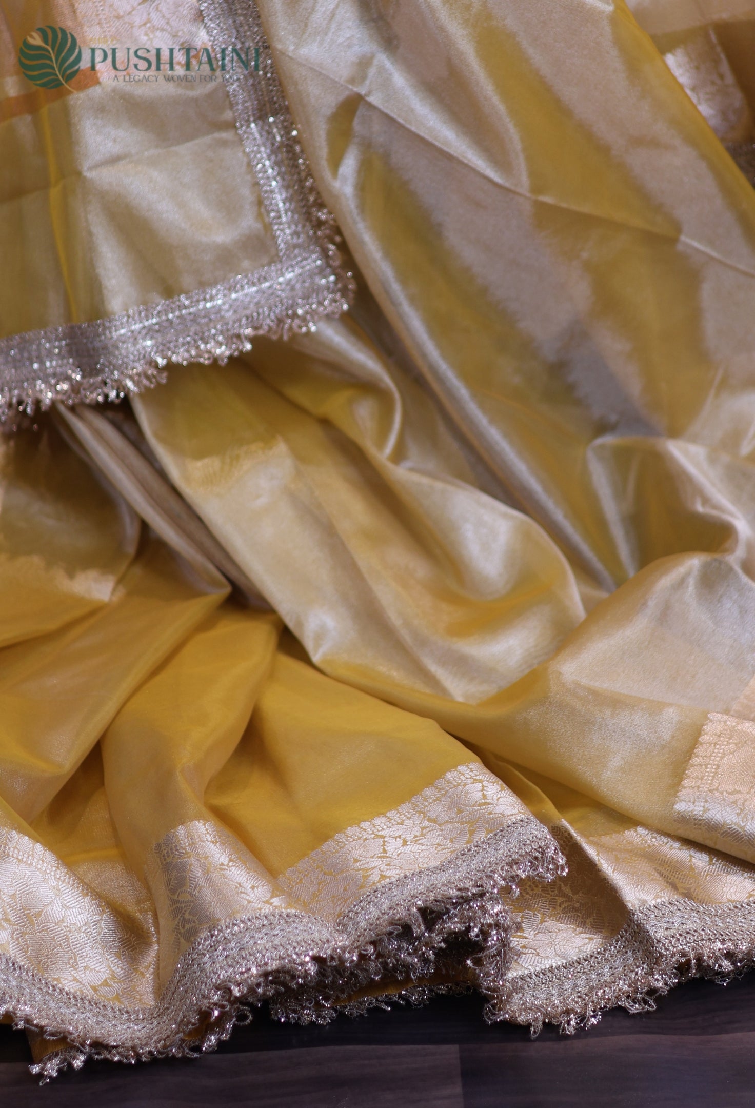 Yellow Gold Tissue Plain Silk Saree with Border Lace work