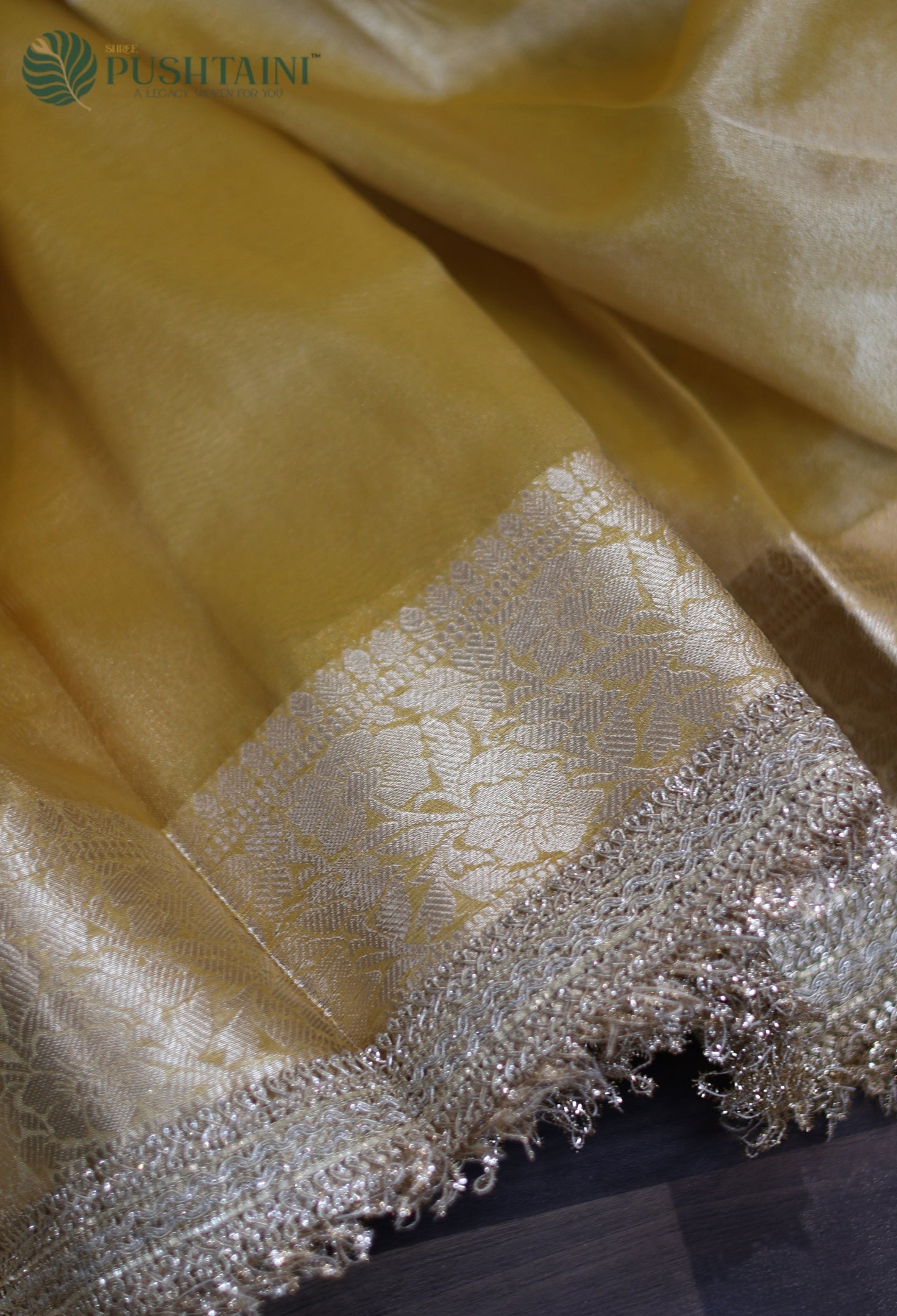 Yellow Gold Tissue Plain Silk Saree with Border Lace work