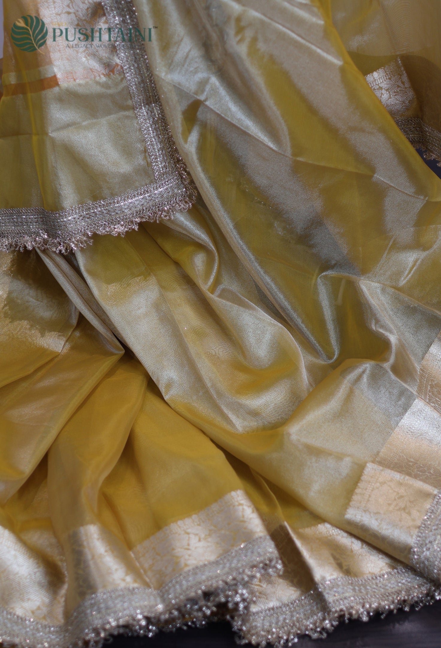 Yellow Gold Tissue Plain Silk Saree with Border Lace work