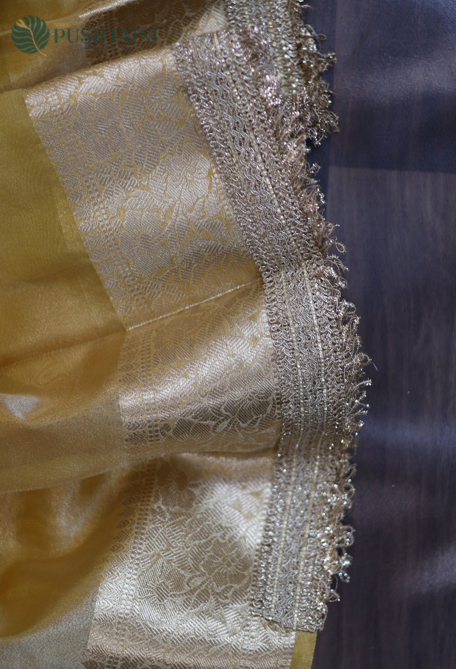Yellow Gold Tissue Plain Silk Saree with Border Lace work