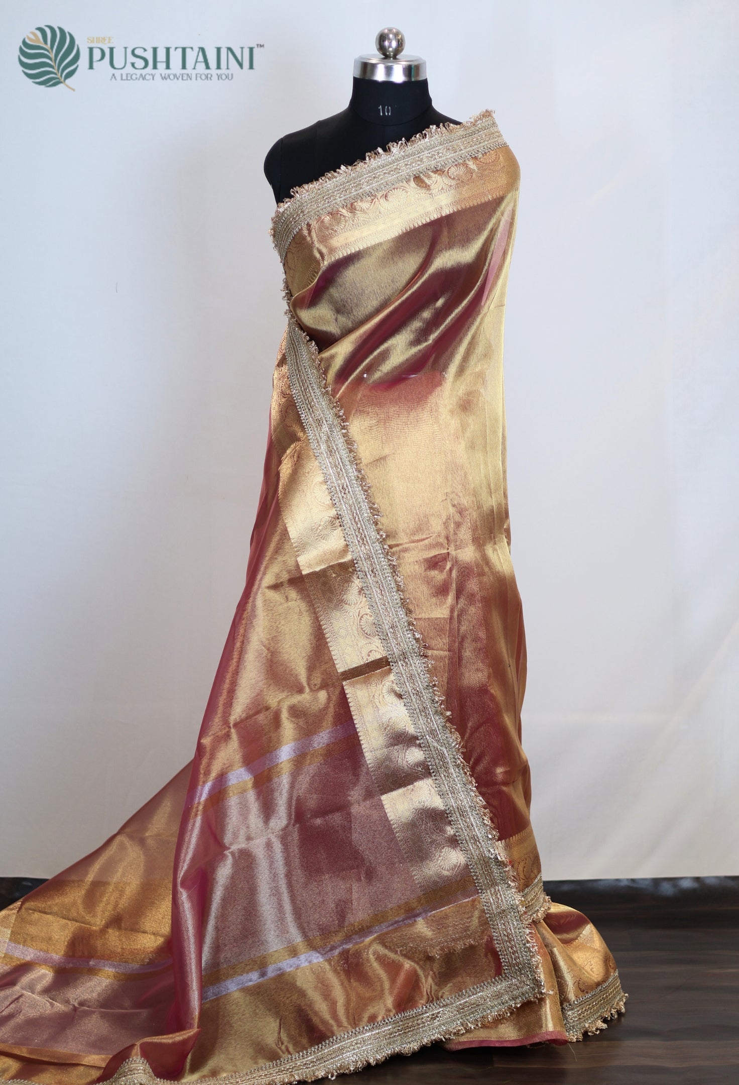 Golden Peach Tissue Plain Silk Saree with Border Lace work