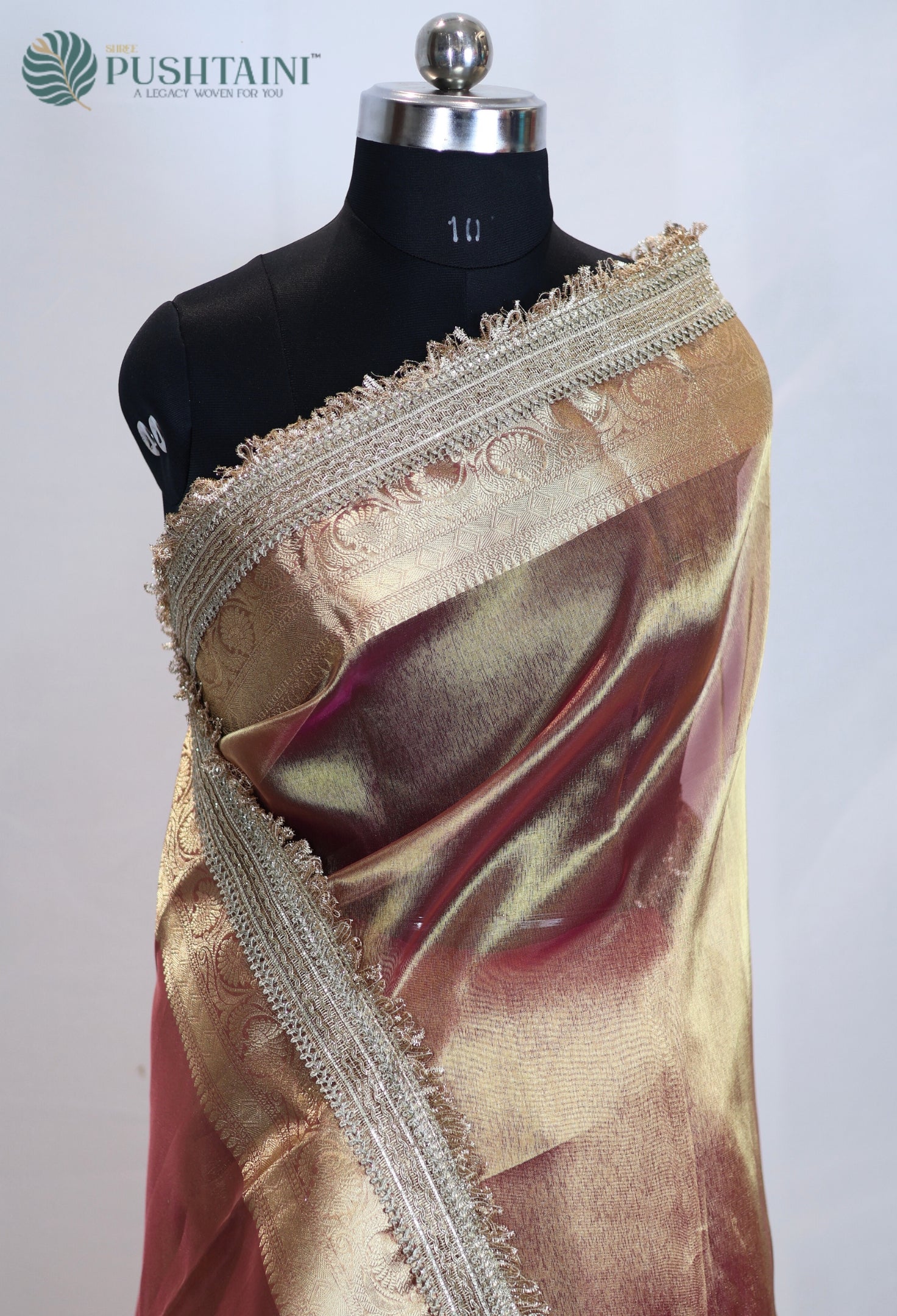 Golden Peach Tissue Plain Silk Saree with Border Lace work