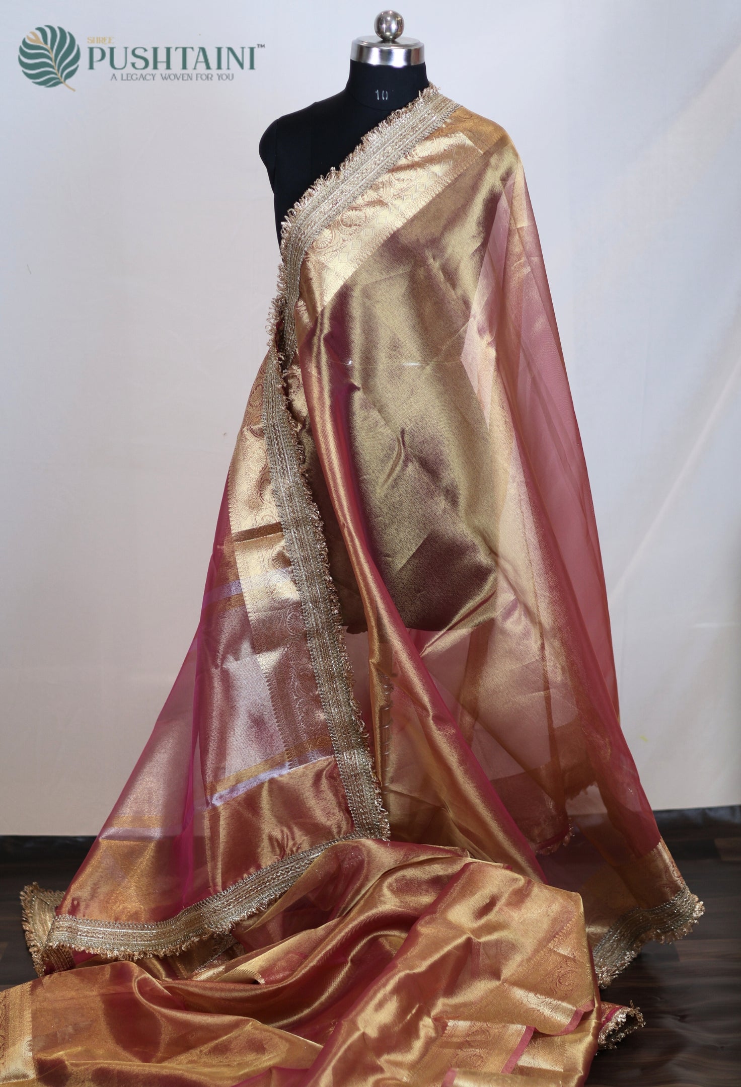 Golden Peach Tissue Plain Silk Saree with Border Lace work