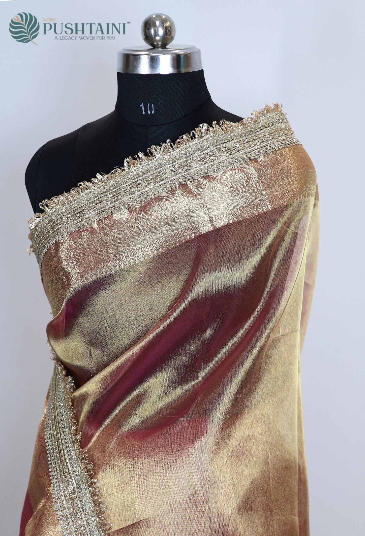 Golden Peach Tissue Plain Silk Saree with Border Lace work