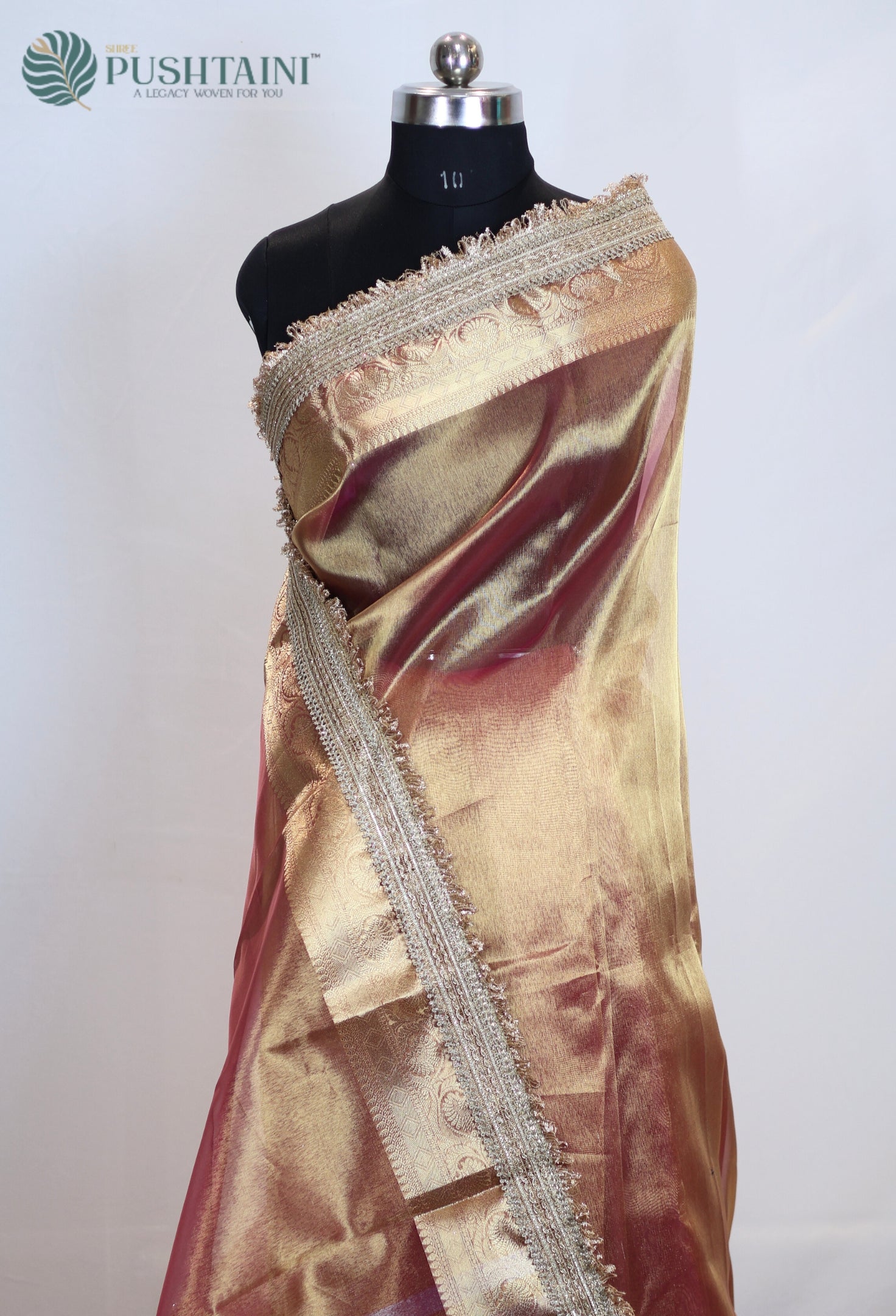 Golden Peach Tissue Plain Silk Saree with Border Lace work