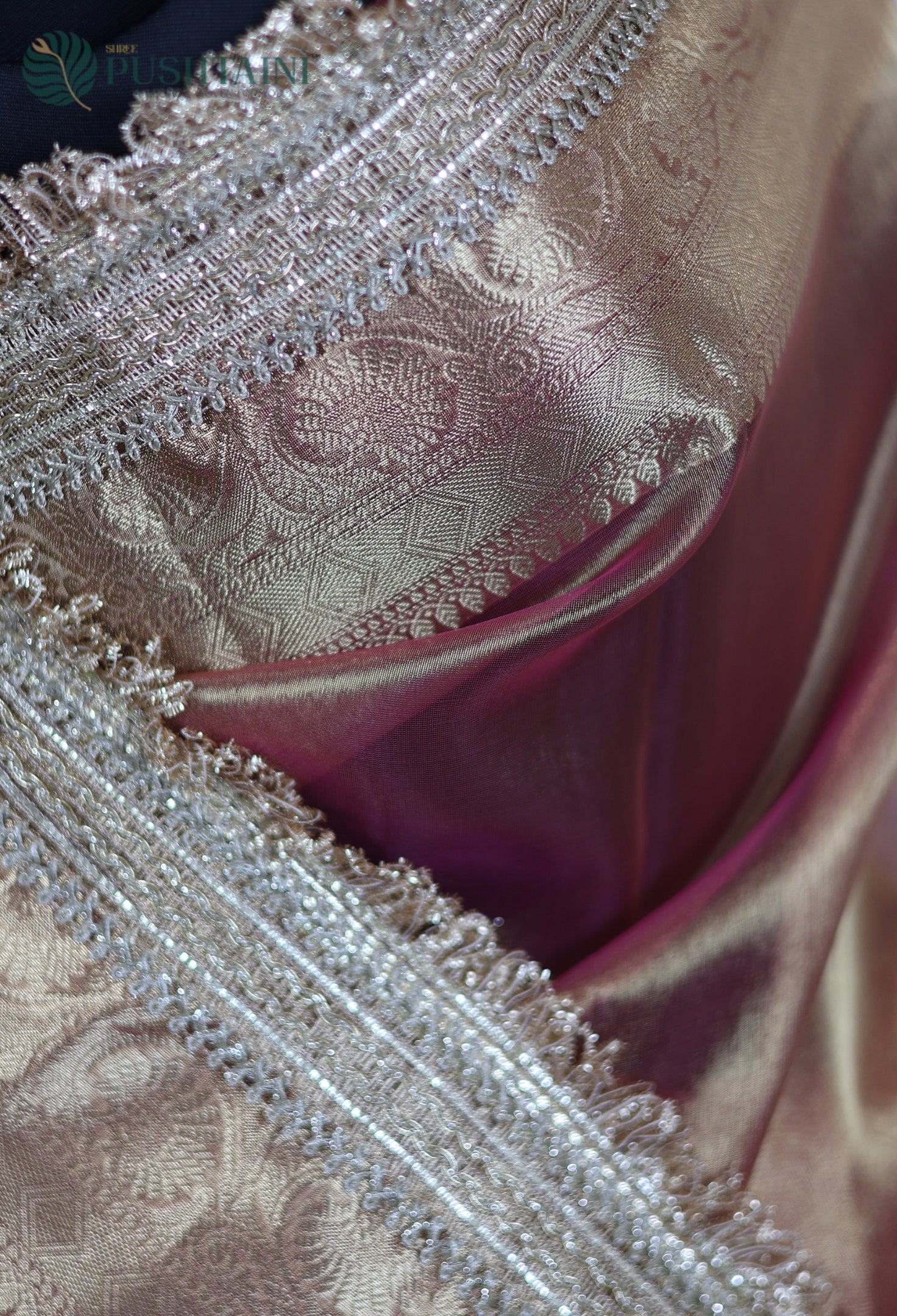 Golden Peach Tissue Plain Silk Saree with Border Lace work