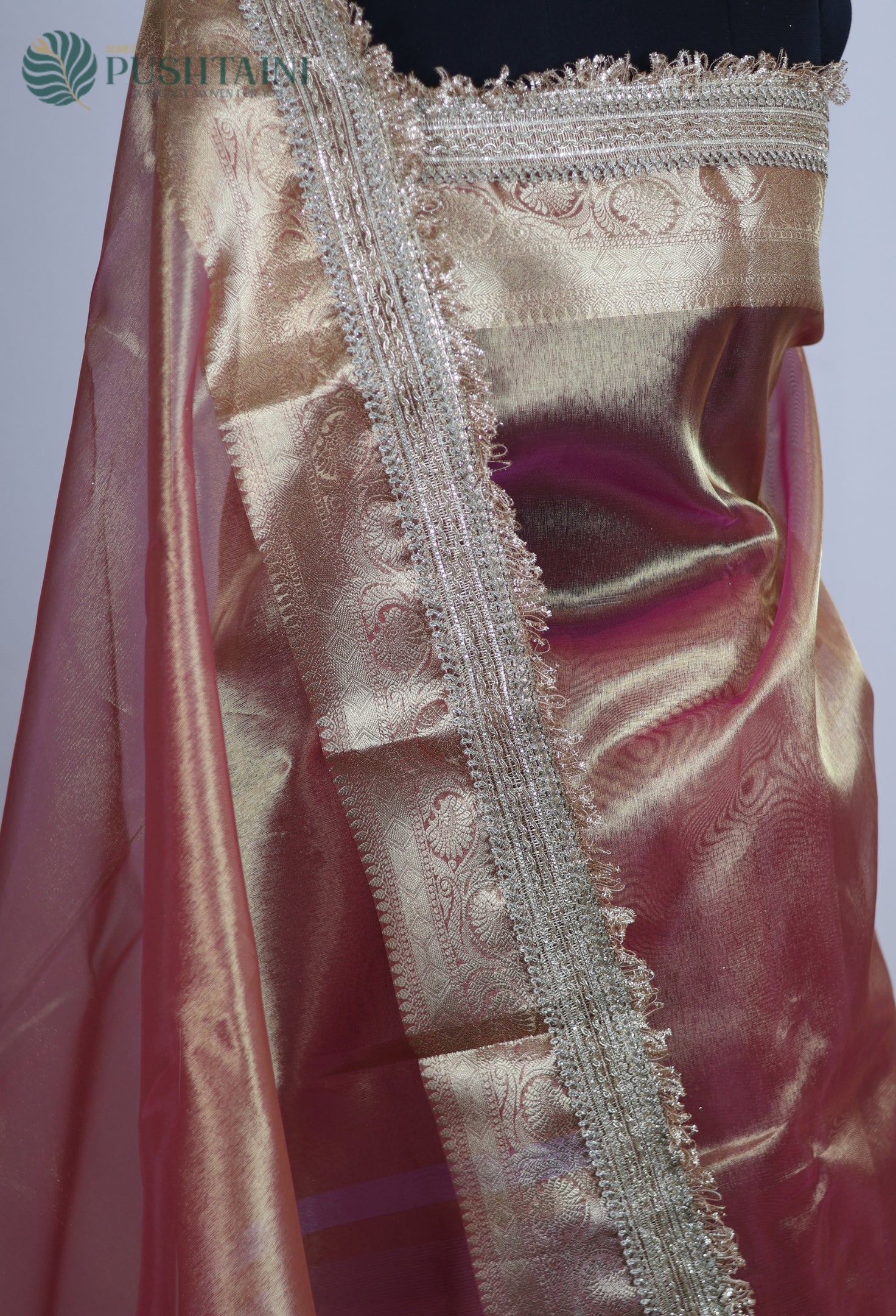 Golden Peach Tissue Plain Silk Saree with Border Lace work