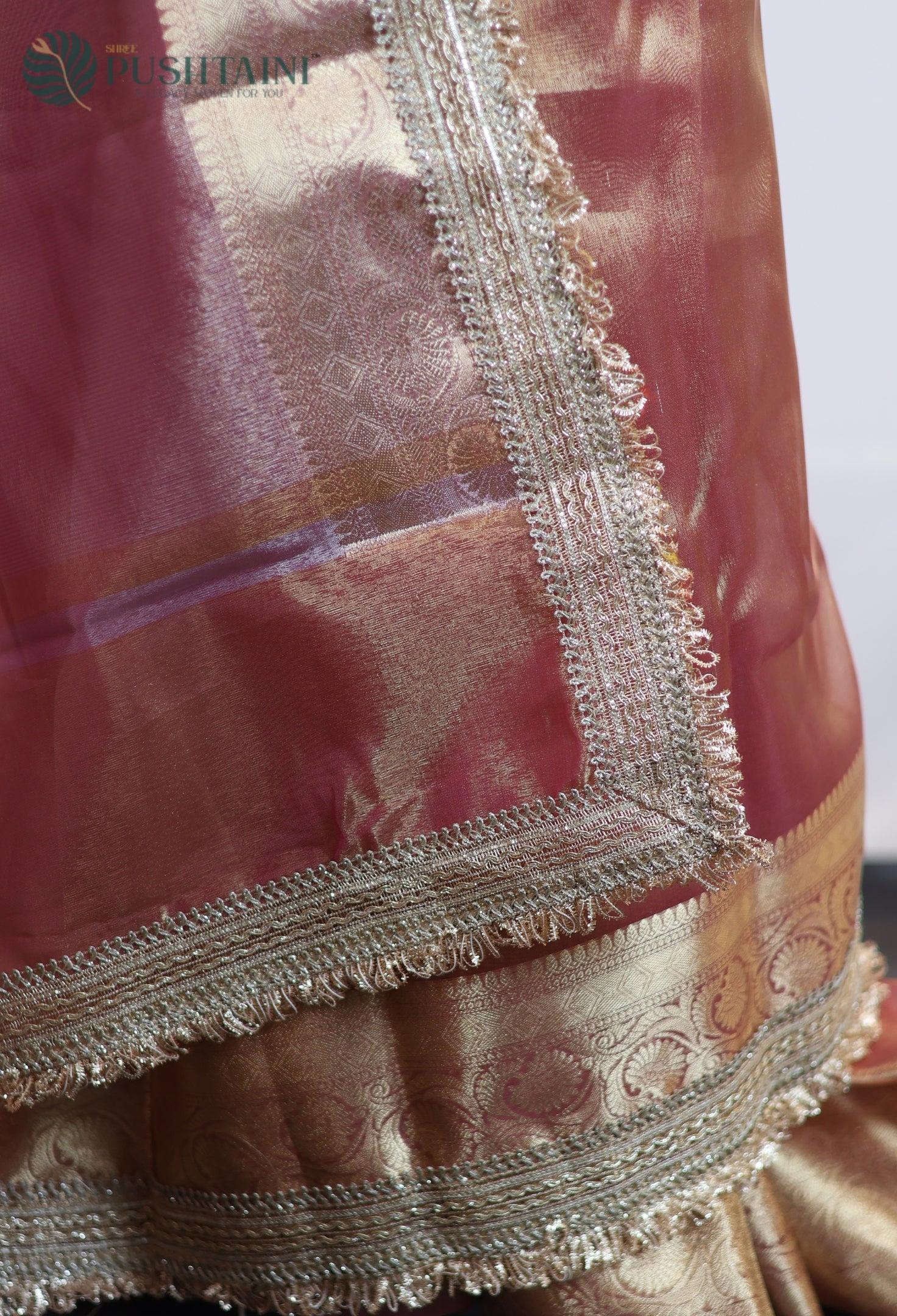 Golden Peach Tissue Plain Silk Saree with Border Lace work