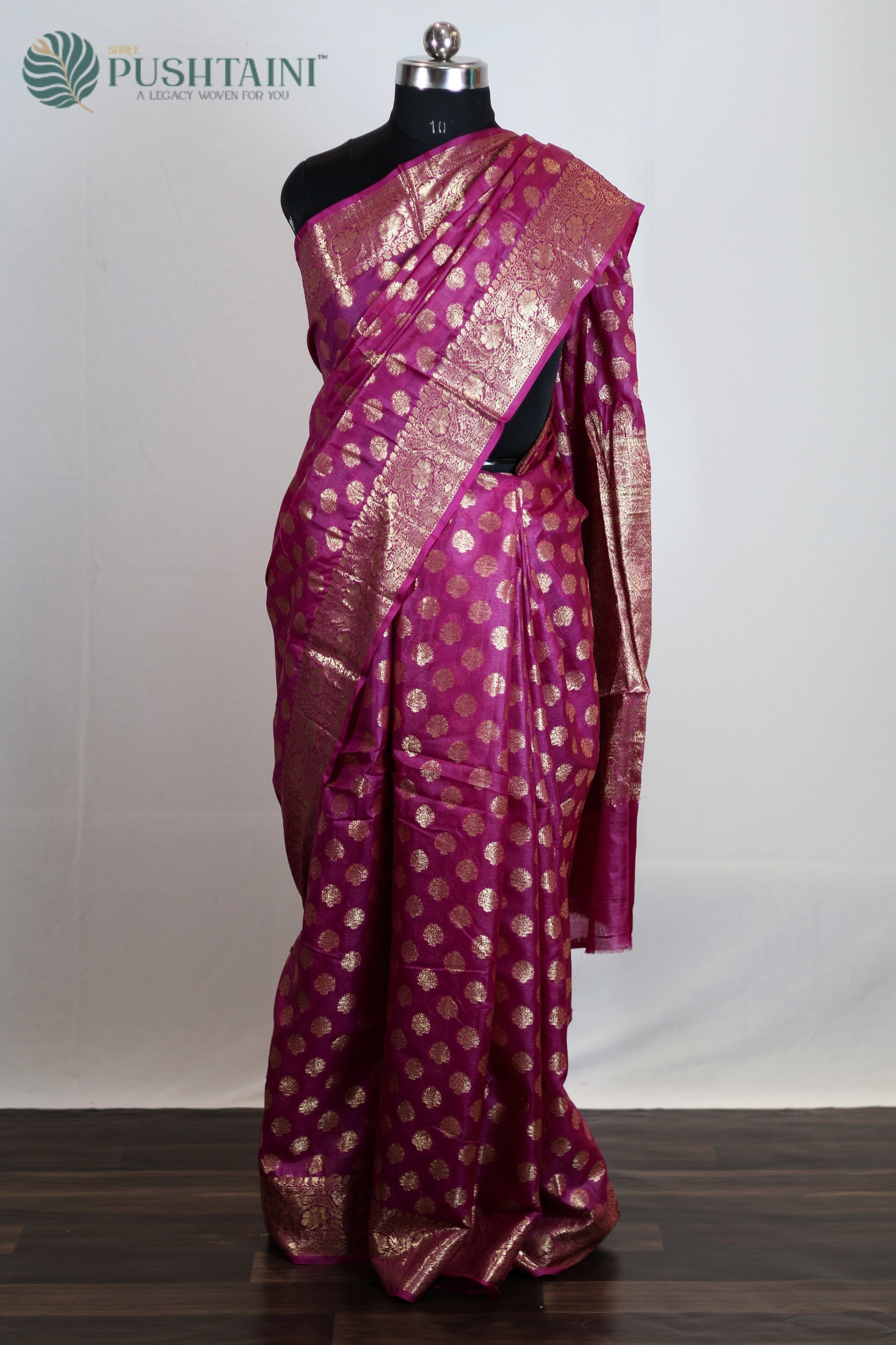 Rani Pink Pure Tussar Saree with Gold Zari Border work