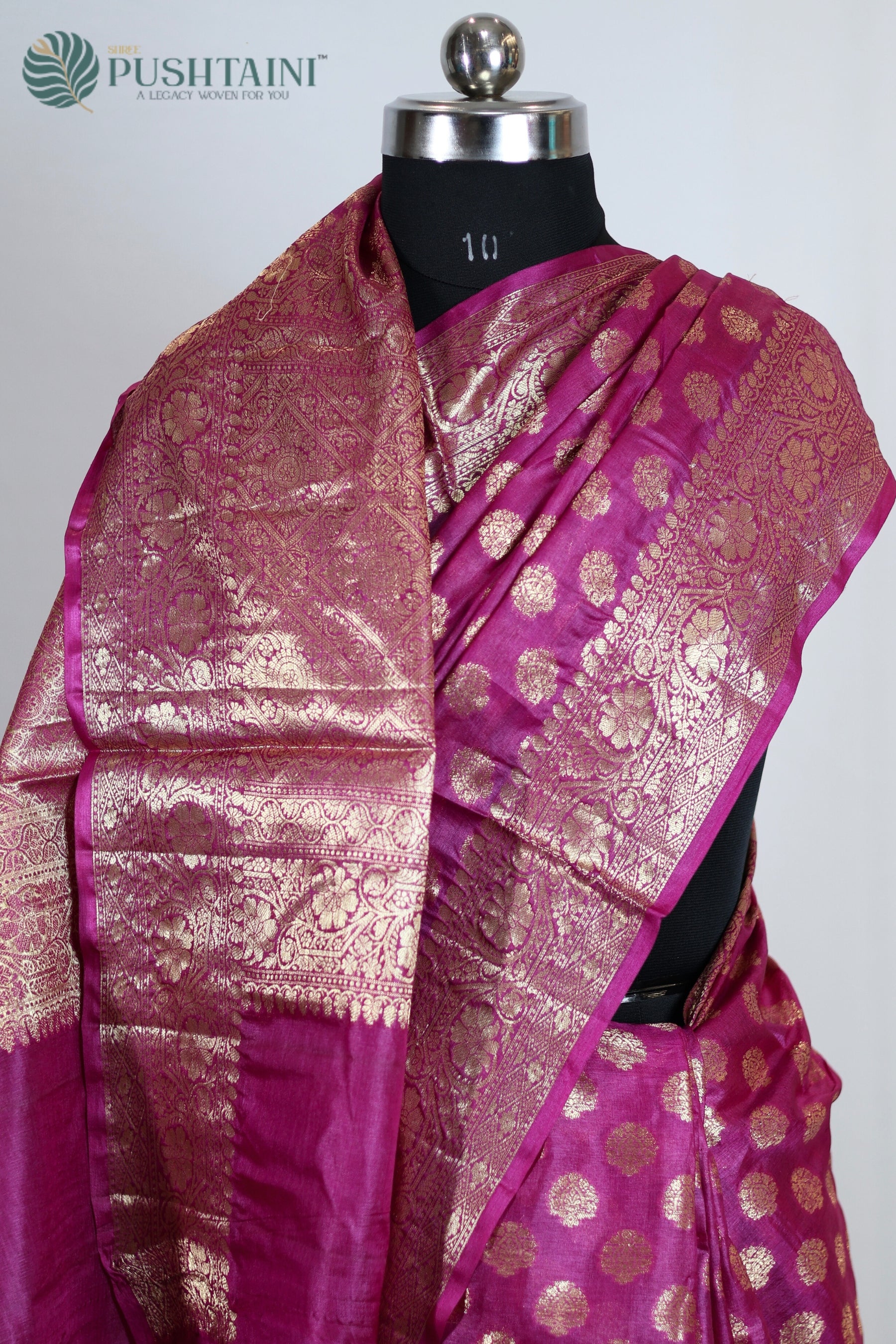 Rani Pink Pure Tussar Saree with Gold Zari Border work