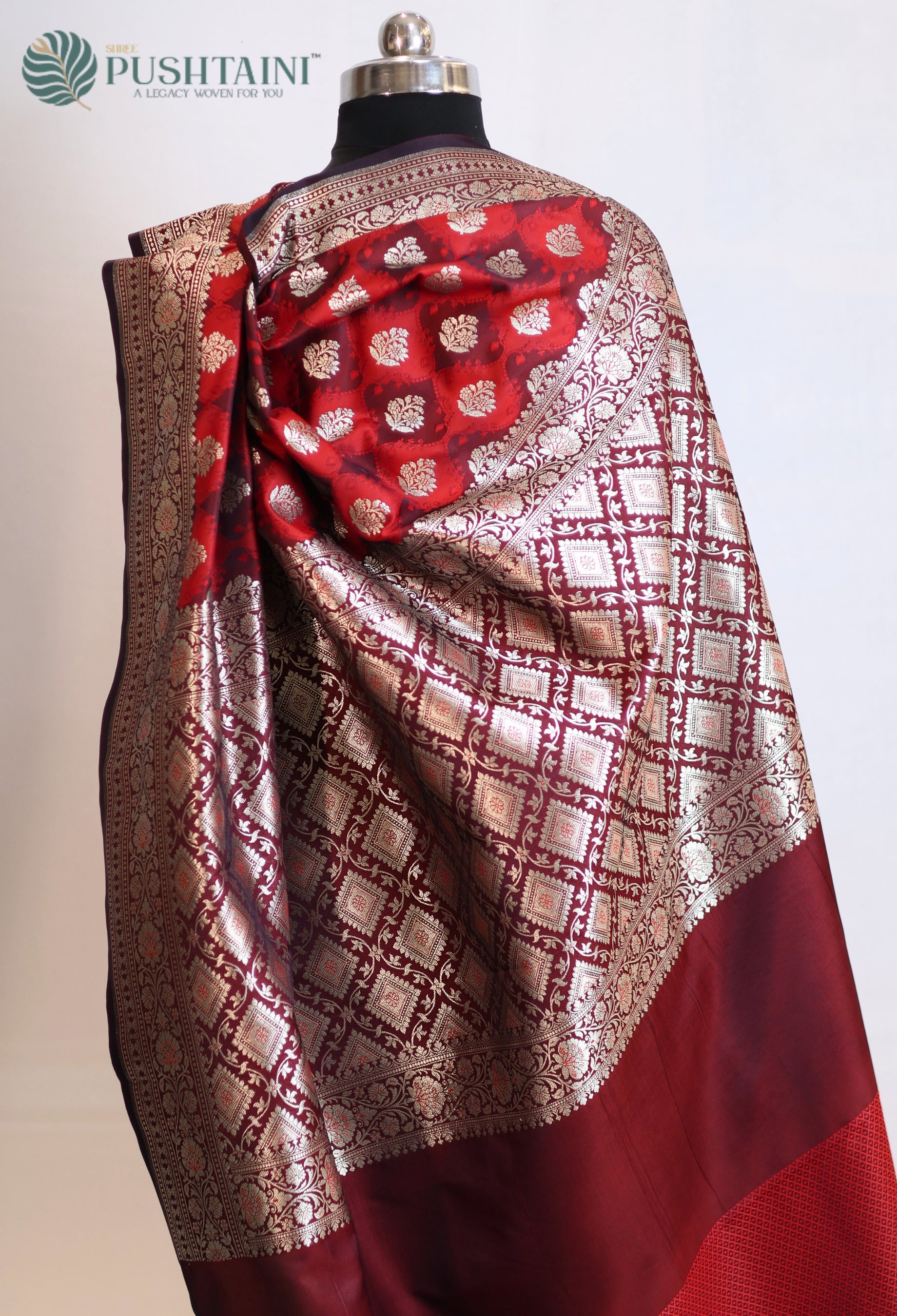 Red Black Mashru Katan Silk Saree with Rangkat Concept