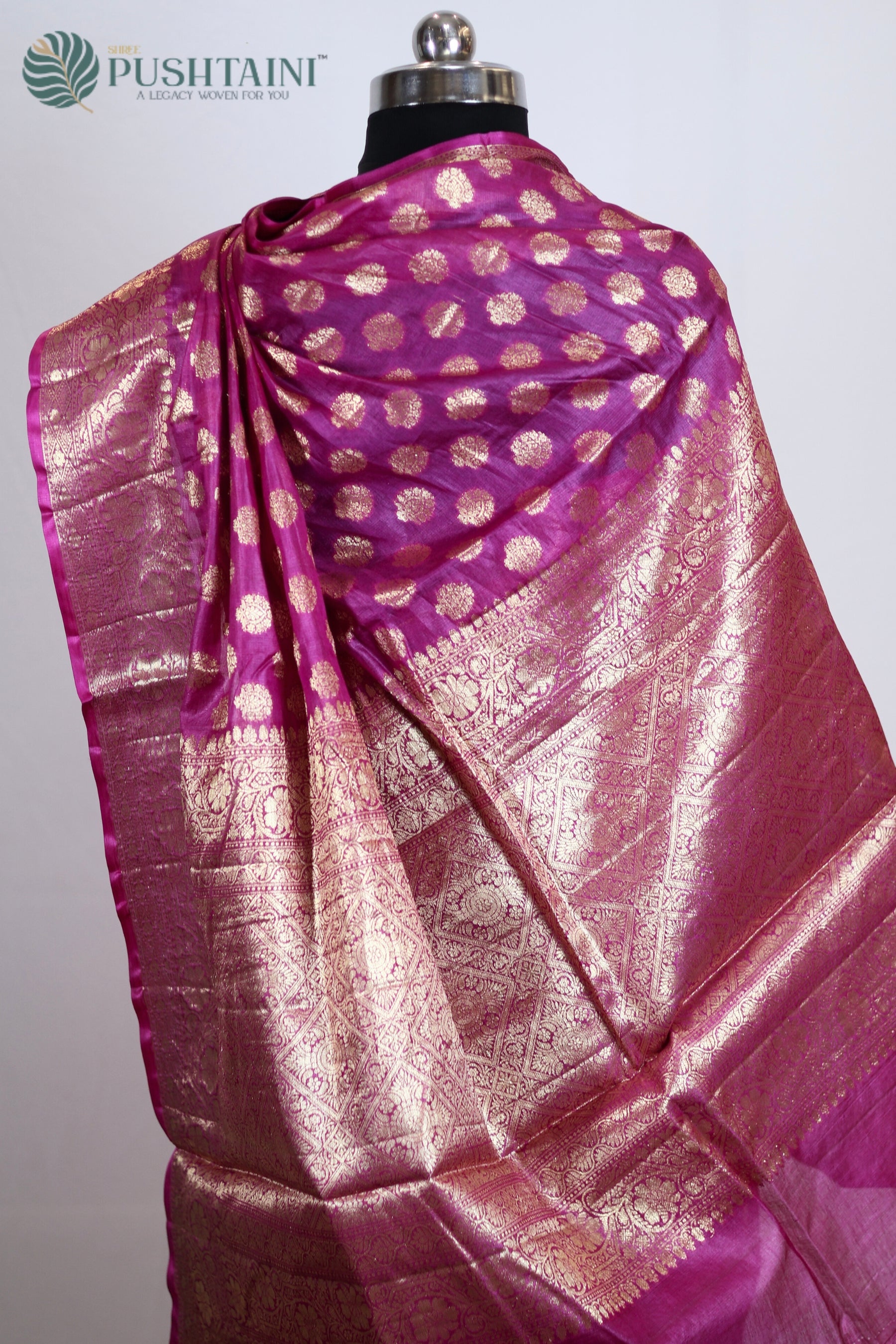 Rani Pink Pure Tussar Saree with Gold Zari Border work