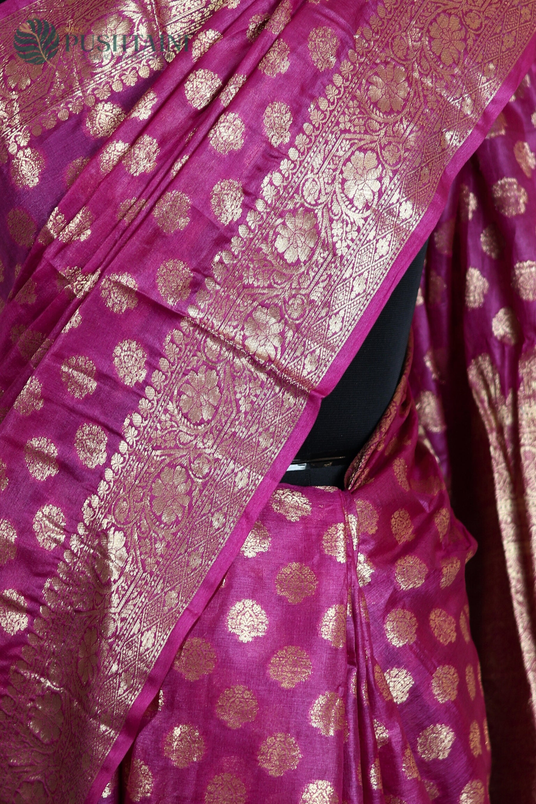 Rani Pink Pure Tussar Saree with Gold Zari Border work